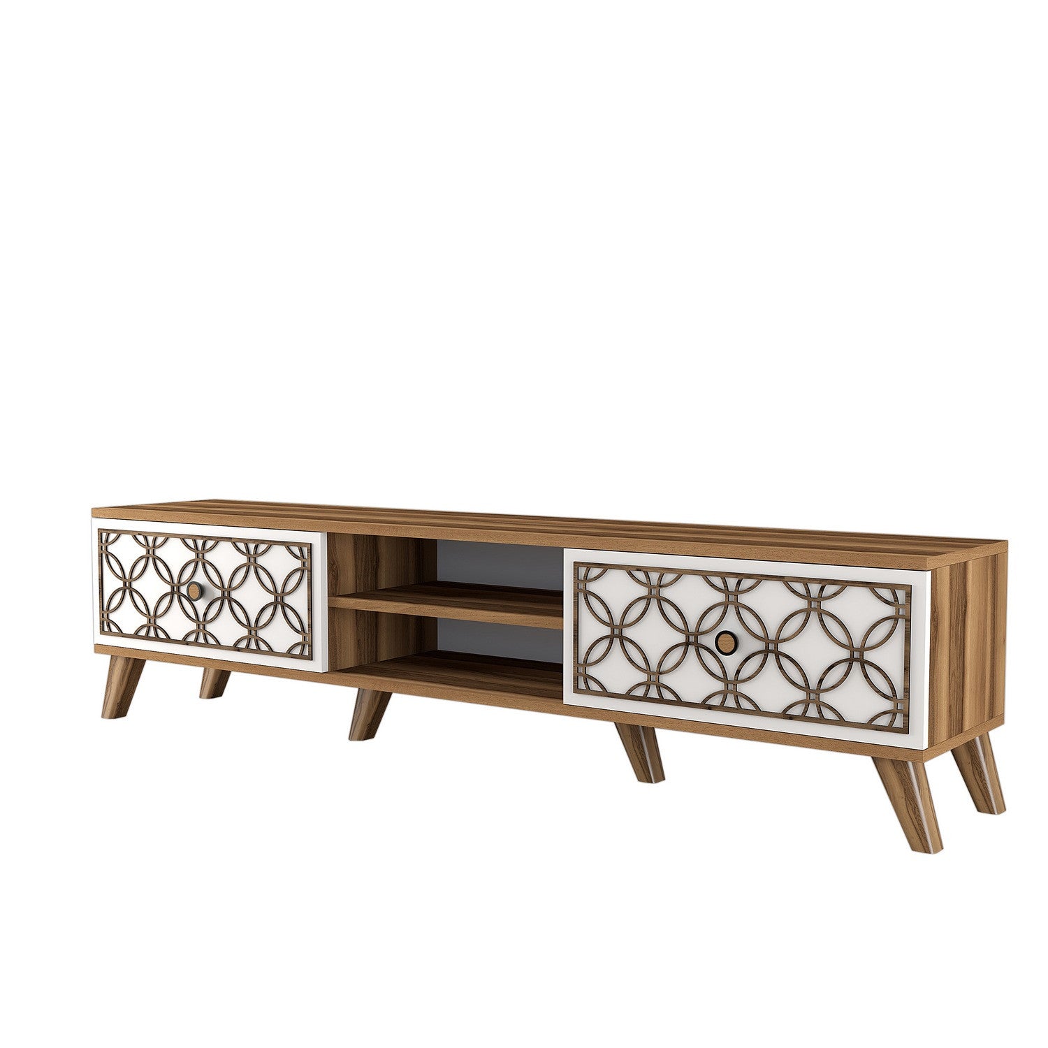 Suporte de TV moderno com prateleiras, nogueira e branco, 180 cm x 44 cm x 35 cm | 100% revestido em melamina, 18 mm de espessura, montável na parede, design elegante