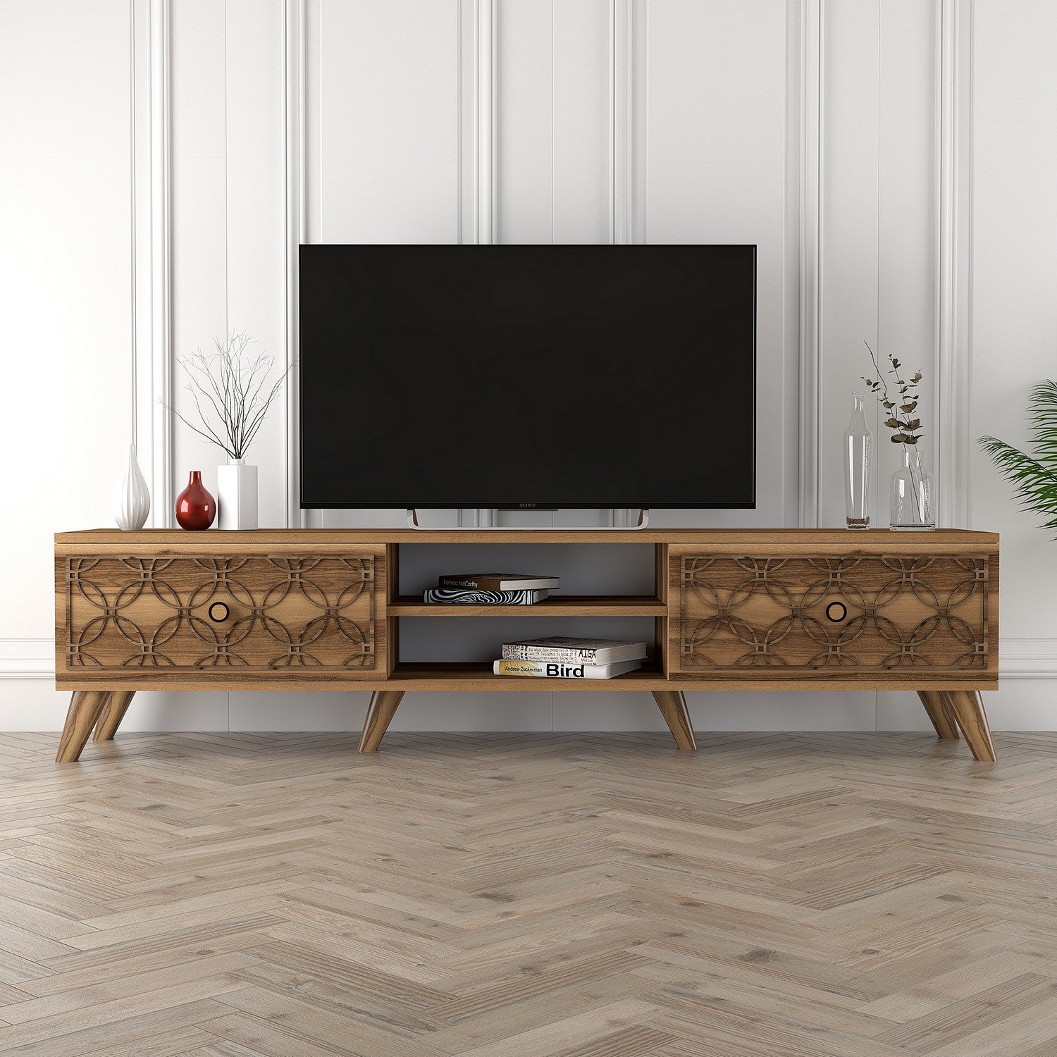 Suporte de TV moderno em nogueira, 180 cm | Painel de partículas 100% revestido em melamina, 18 mm de espessura, relevo CNC de 4 mm, montável em parede, prateleiras elegantes, pés de plástico