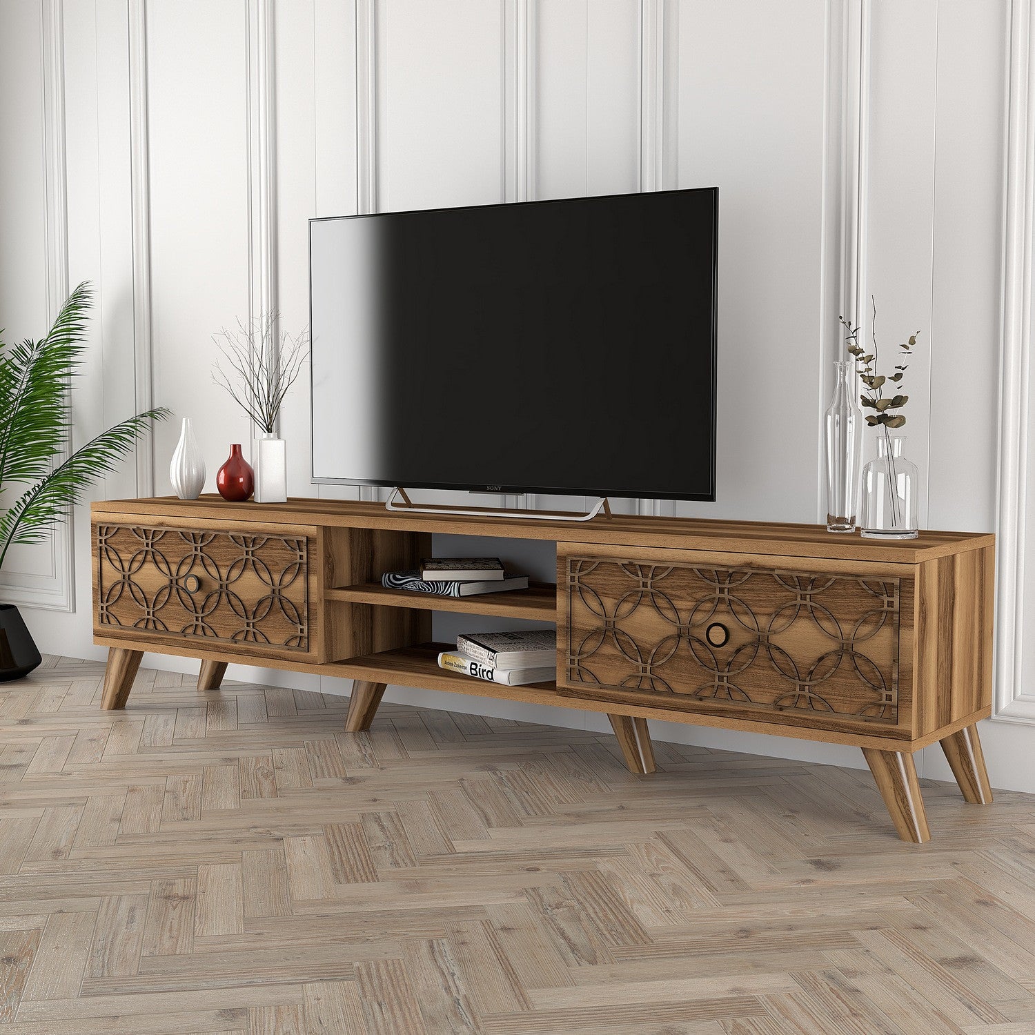 Suporte de TV moderno em nogueira, 180 cm | Painel de partículas 100% revestido em melamina, 18 mm de espessura, relevo CNC de 4 mm, montável em parede, prateleiras elegantes, pés de plástico