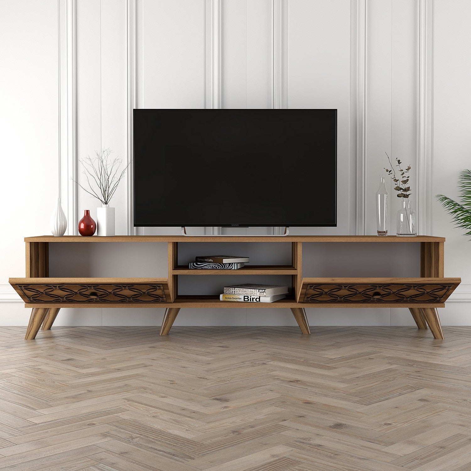 Suporte de TV moderno em nogueira, 180 cm | Painel de partículas 100% revestido em melamina, 18 mm de espessura, relevo CNC de 4 mm, montável em parede, prateleiras elegantes, pés de plástico