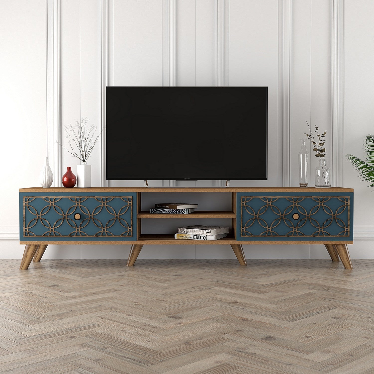 Suporte de TV moderno com prateleiras, nogueira e calcedônia, 180 x 44 x 35 cm | 100% revestido em melamina, 18 mm de espessura, montável na parede, design elegante