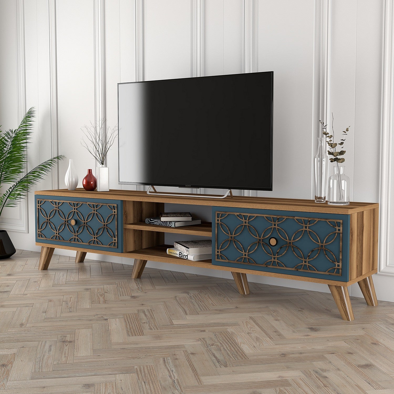 Suporte de TV moderno com prateleiras, nogueira e calcedônia, 180 x 44 x 35 cm | 100% revestido em melamina, 18 mm de espessura, montável na parede, design elegante
