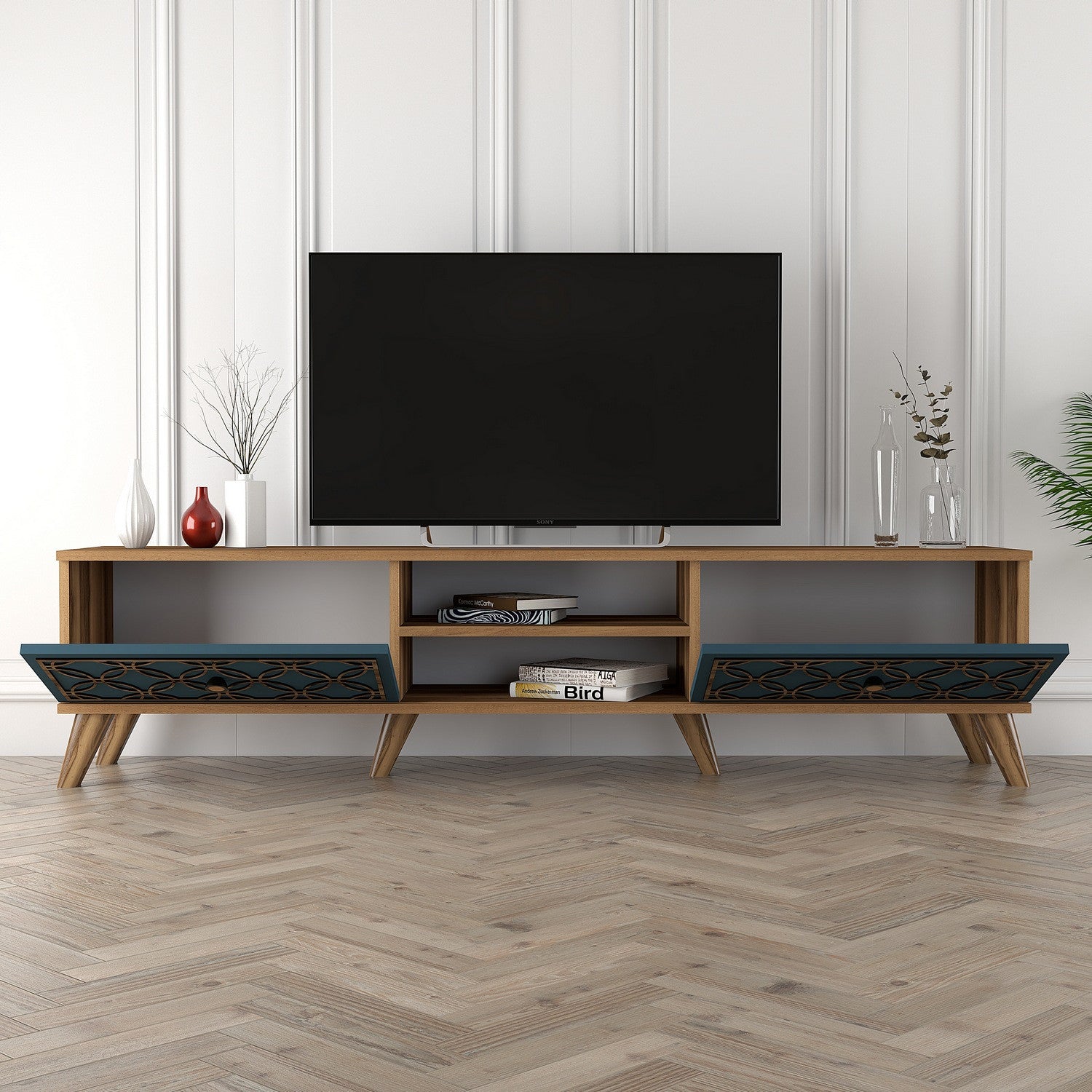 Suporte de TV moderno com prateleiras, nogueira e calcedônia, 180 x 44 x 35 cm | 100% revestido em melamina, 18 mm de espessura, montável na parede, design elegante