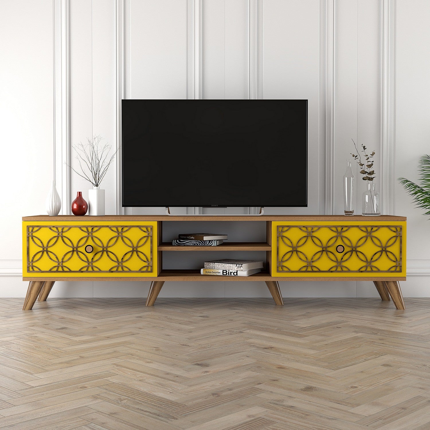 Suporte de TV elegante com prateleiras, nogueira e amarelo, 180 cm | Painel de partículas 100% revestido de melamina, 18 mm de espessura | Design boêmio, montável na parede, funcional e chique