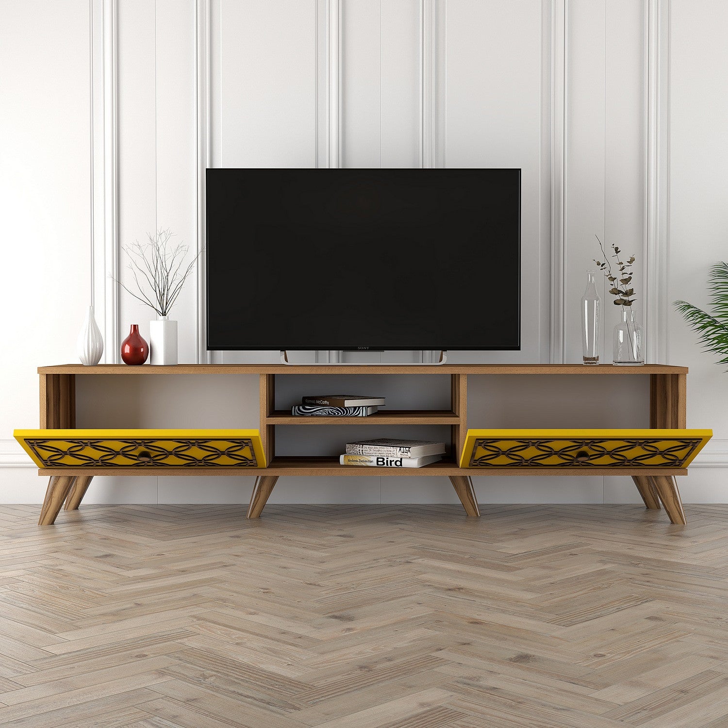 Suporte de TV elegante com prateleiras, nogueira e amarelo, 180 cm | Painel de partículas 100% revestido de melamina, 18 mm de espessura | Design boêmio, montável na parede, funcional e chique