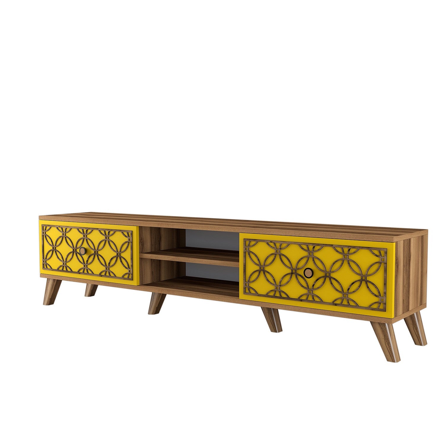 Suporte de TV elegante com prateleiras, nogueira e amarelo, 180 cm | Painel de partículas 100% revestido de melamina, 18 mm de espessura | Design boêmio, montável na parede, funcional e chique