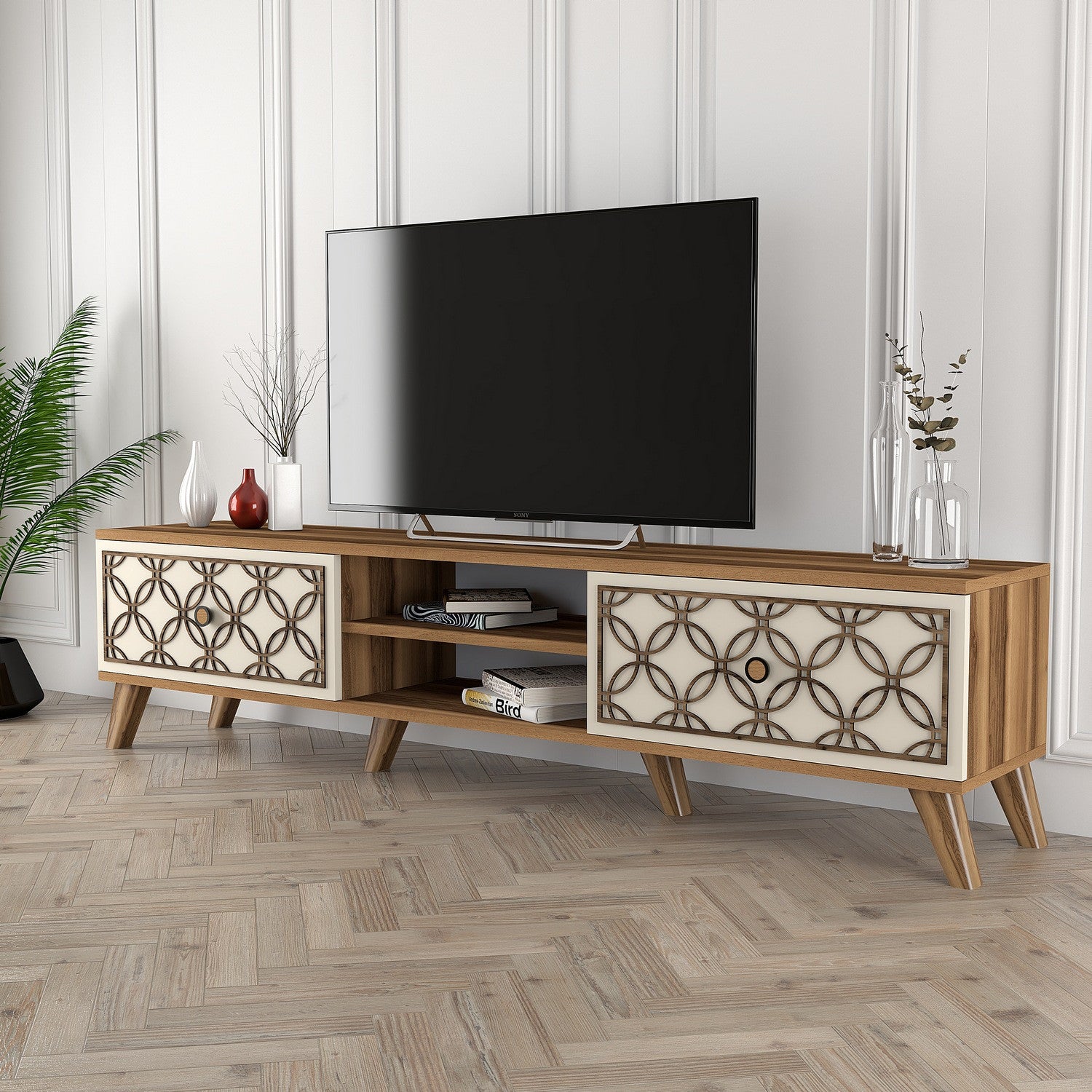 Suporte de TV moderno com prateleiras, nogueira e creme, 180 cm x 44 cm x 35 cm | 100% revestido em melamina, 18 mm de espessura, montável na parede, design elegante