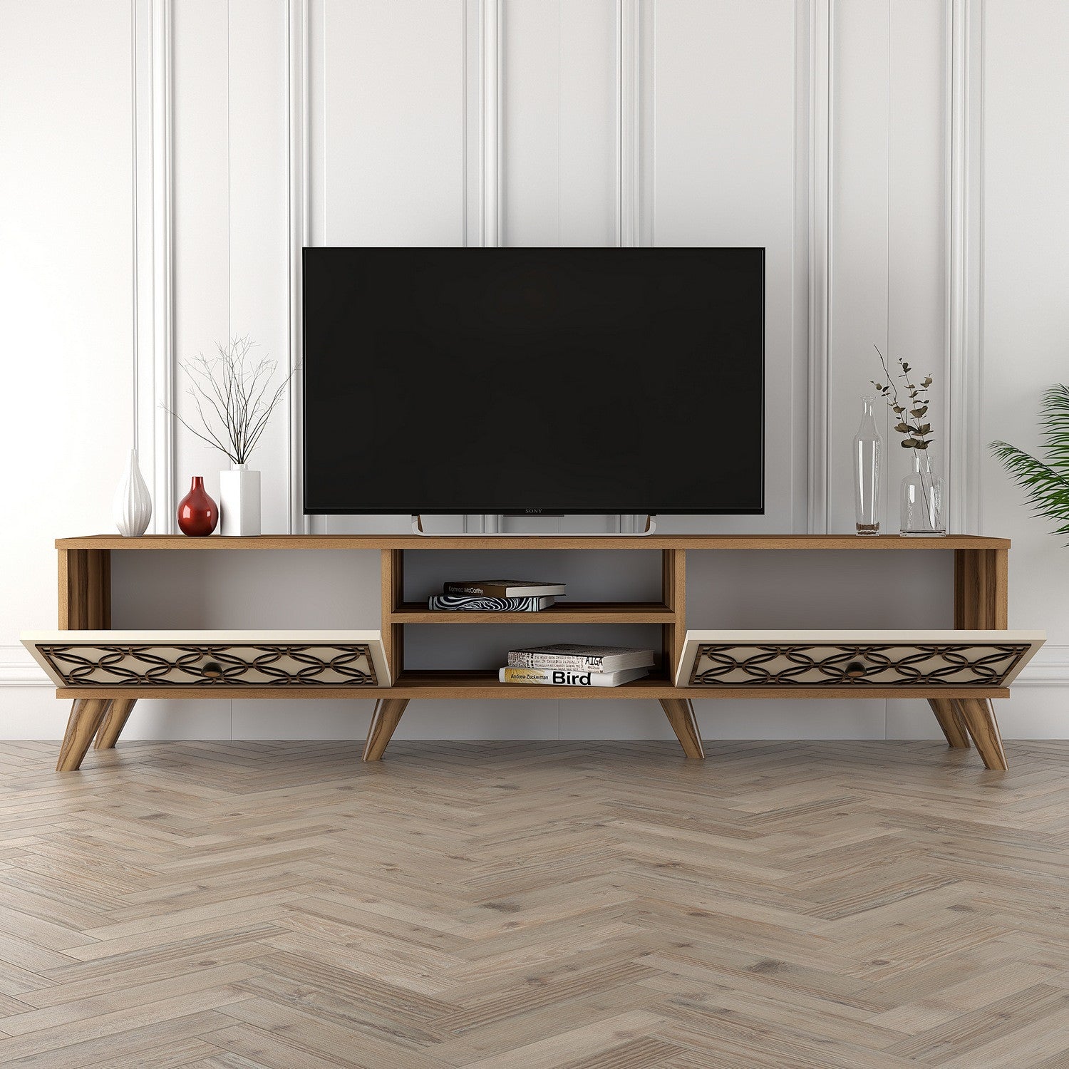 Suporte de TV moderno com prateleiras, nogueira e creme, 180 cm x 44 cm x 35 cm | 100% revestido em melamina, 18 mm de espessura, montável na parede, design elegante