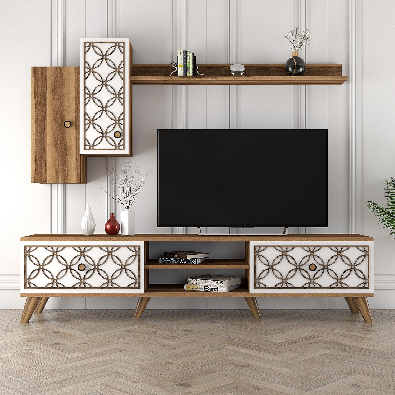 Móvel de TV moderno com prateleira de parede e armários, nogueira e branco, 180 x 44 x 35 cm | 100% revestido em melamina, 18 mm de espessura | Solução de armazenamento elegante para salas de estar