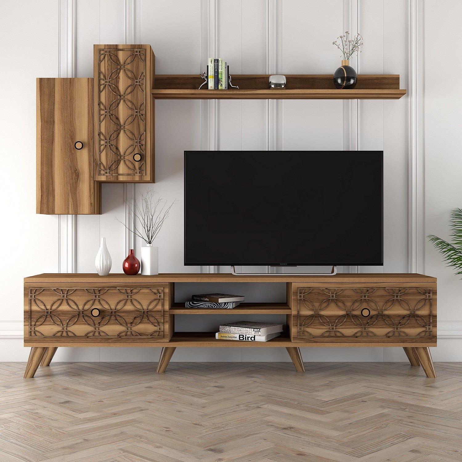 Móvel de TV moderno em nogueira com prateleira de parede e armários, 100% revestido em melamina, 180x44x35 cm | Design elegante, pernas de plástico duráveis, perfeito para sala de estar