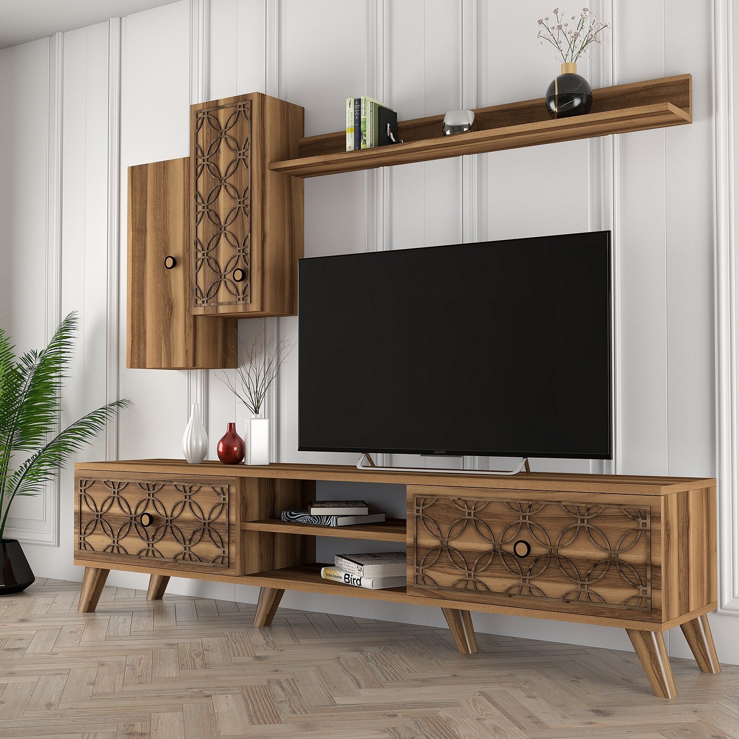 Móvel de TV moderno em nogueira com prateleira de parede e armários, 100% revestido em melamina, 180x44x35 cm | Design elegante, pernas de plástico duráveis, perfeito para sala de estar