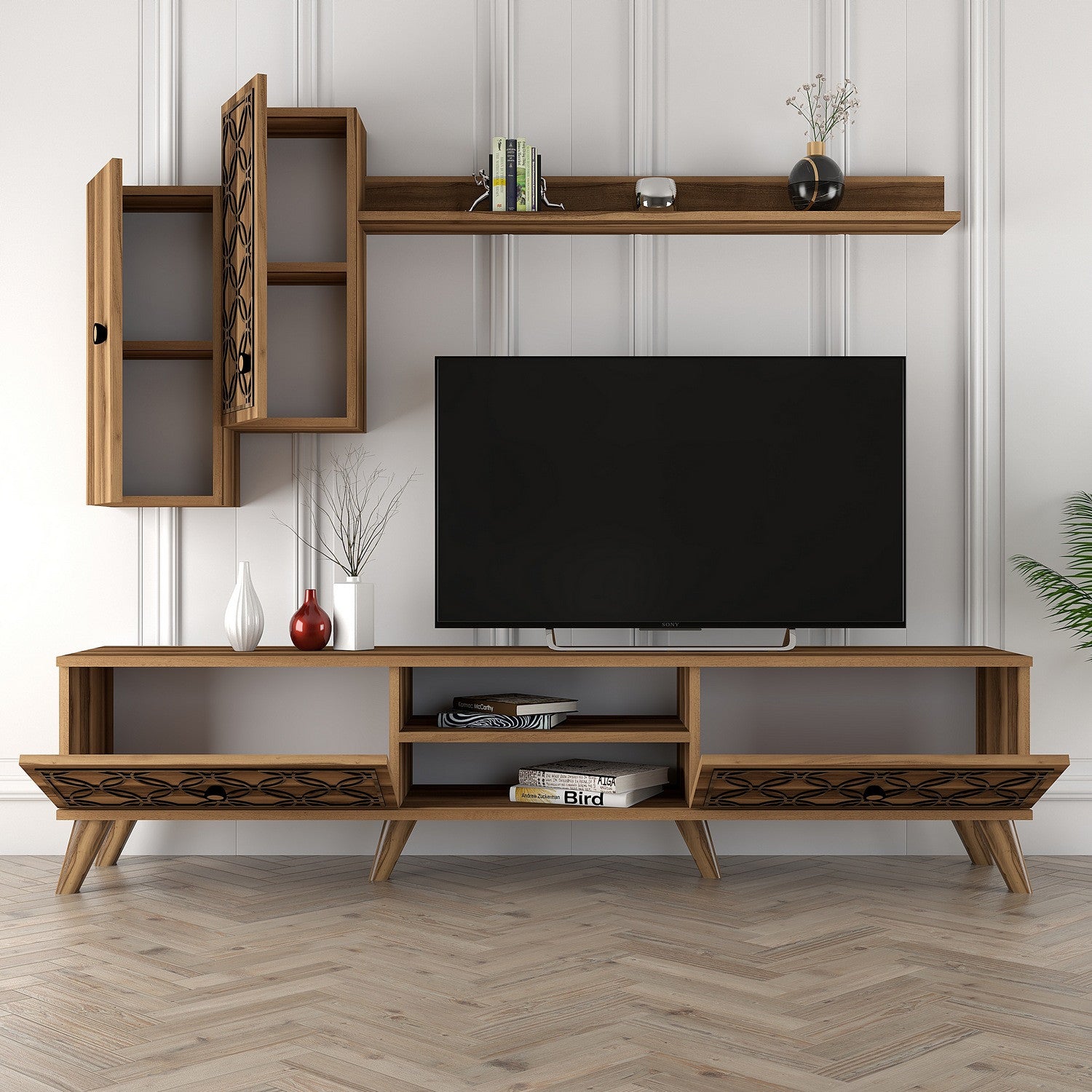 Móvel de TV moderno em nogueira com prateleira de parede e armários, 100% revestido em melamina, 180x44x35 cm | Design elegante, pernas de plástico duráveis, perfeito para sala de estar