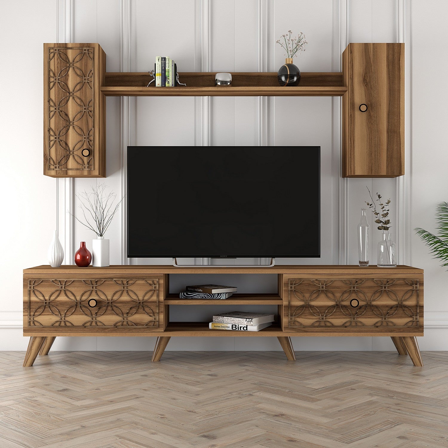 Móvel de TV moderno em nogueira com prateleira de parede e armários, 100% revestido em melamina, 180x44x35 cm | Design elegante, pernas de plástico duráveis, perfeito para sala de estar