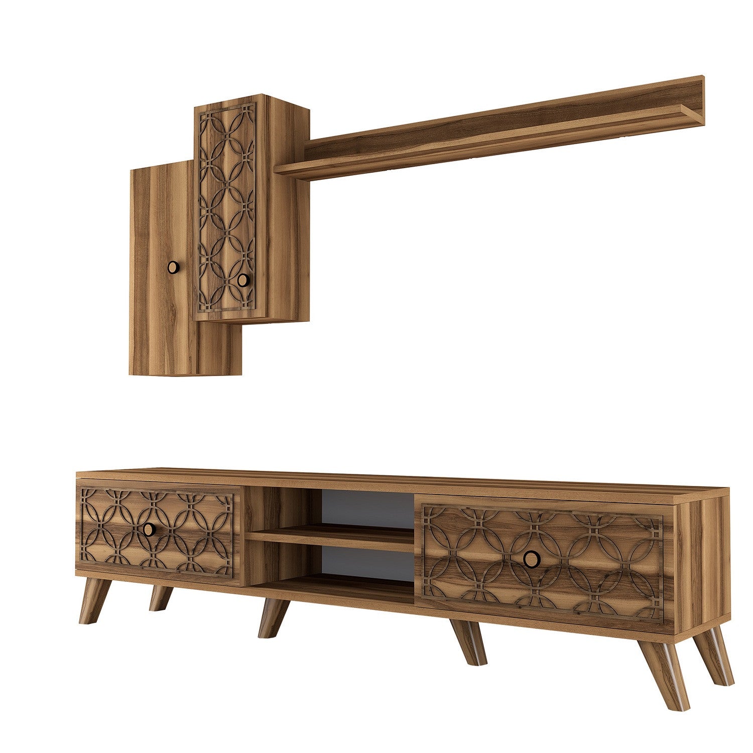 Móvel de TV moderno em nogueira com prateleira de parede e armários, 100% revestido em melamina, 180x44x35 cm | Design elegante, pernas de plástico duráveis, perfeito para sala de estar