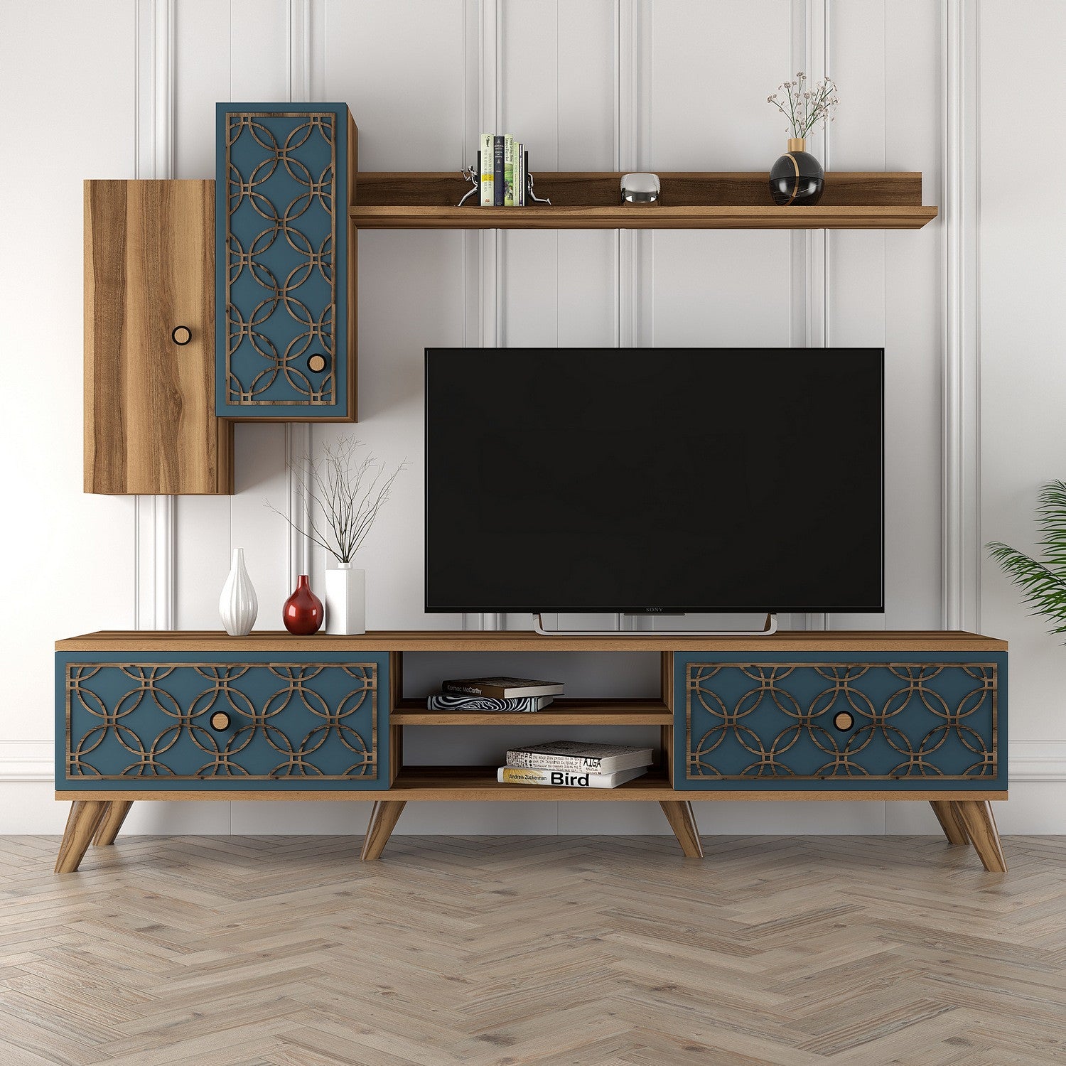 Móvel de TV moderno com prateleira de parede e armários, nogueira e calcedônia, 180 cm | 100% revestido em melamina, 18 mm de espessura | Design elegante com várias prateleiras