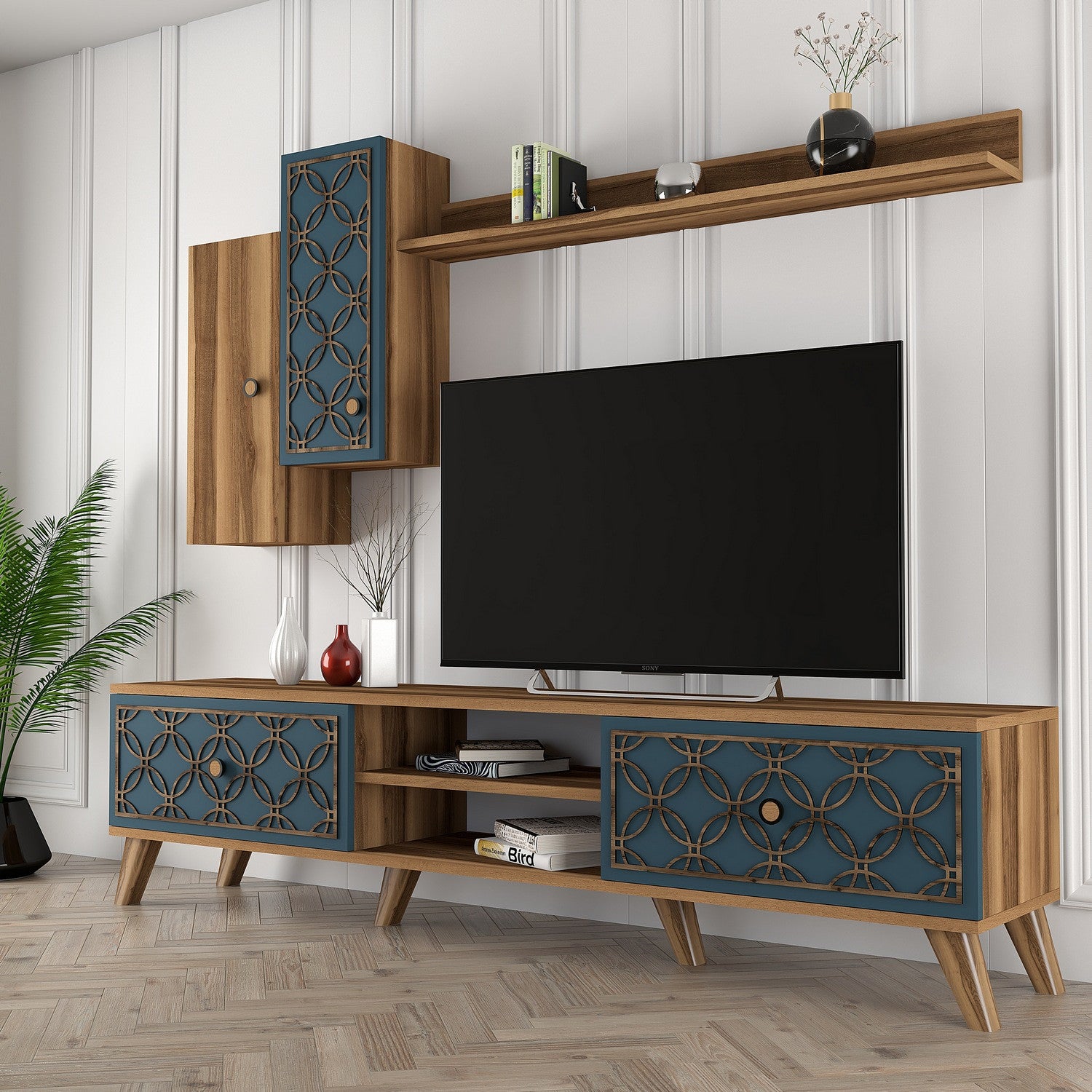 Móvel de TV moderno com prateleira de parede e armários, nogueira e calcedônia, 180 cm | 100% revestido em melamina, 18 mm de espessura | Design elegante com várias prateleiras
