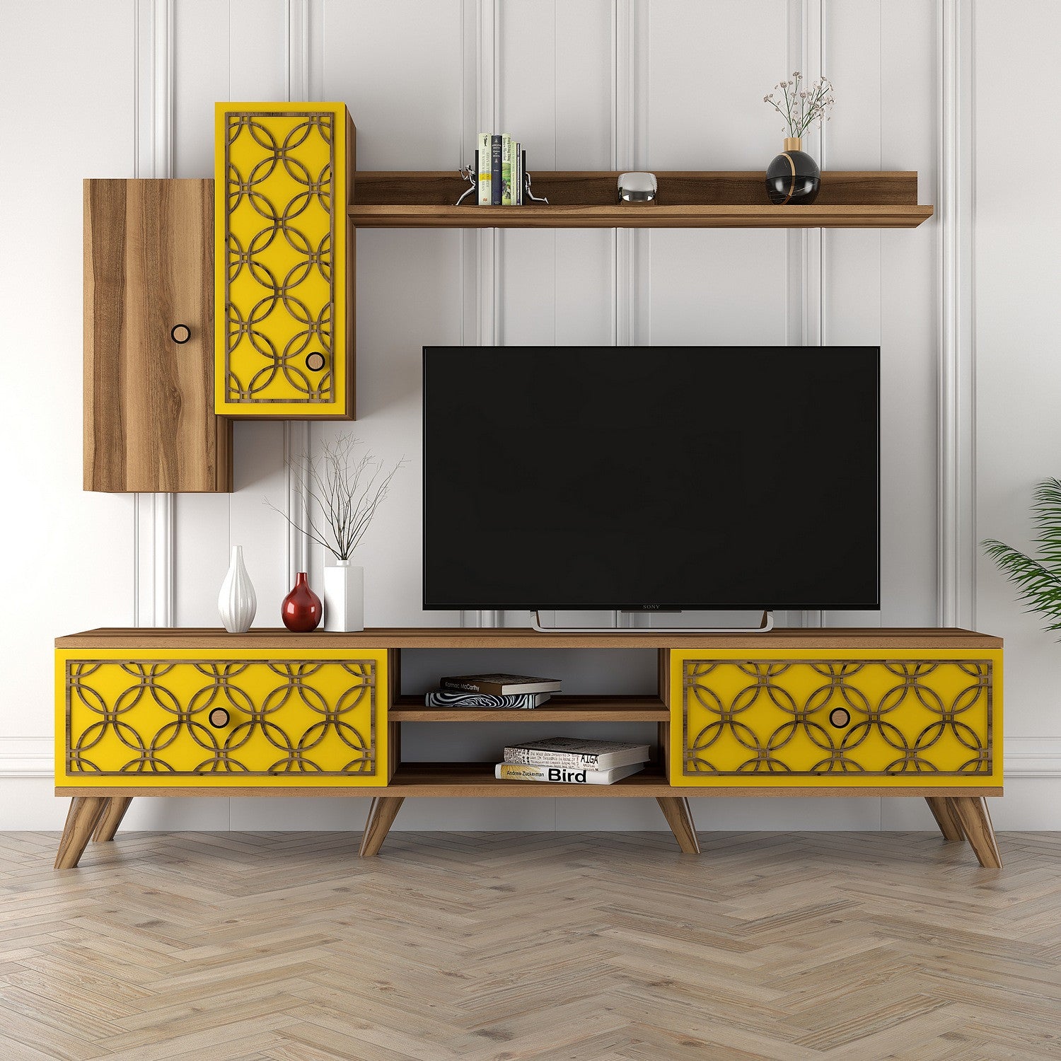 Móvel de TV elegante com prateleira de parede e armários, nogueira e amarelo, 180x44x35 cm | 100% revestido em melamina, 18 mm de espessura | Design boêmio, compacto e funcional