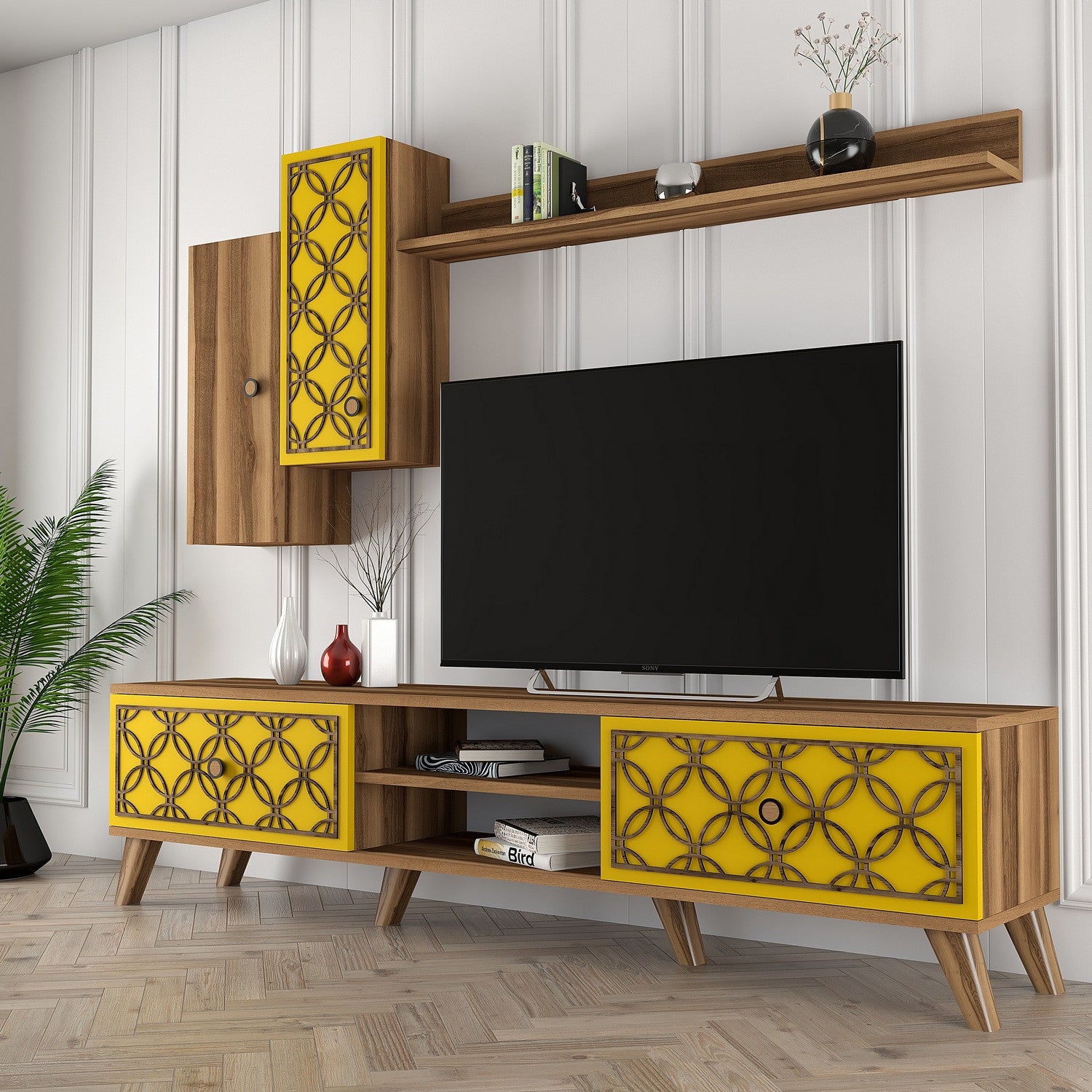 Móvel de TV elegante com prateleira de parede e armários, nogueira e amarelo, 180x44x35 cm | 100% revestido em melamina, 18 mm de espessura | Design boêmio, compacto e funcional