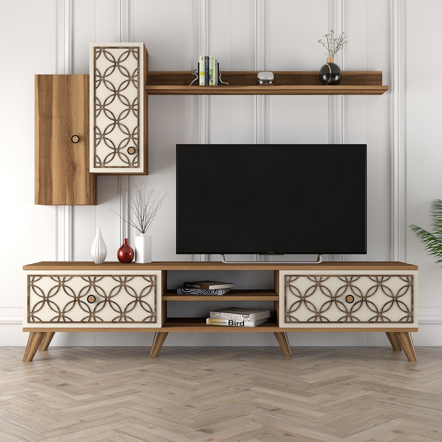 Móvel de TV moderno com prateleira de parede e armários, nogueira e creme, 180 x 44 x 35 cm | 100% revestido em melamina, 18 mm de espessura | Solução de armazenamento elegante para salas de estar