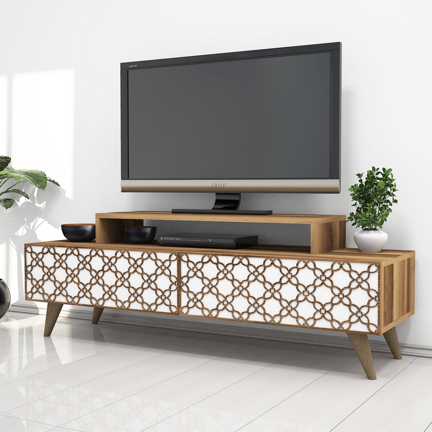 Suporte de TV moderno com prateleiras, nogueira e branco, 140 cm | Painel de partículas 100% revestido de melamina, 18 mm de espessura | Montável na parede, design elegante e funcional