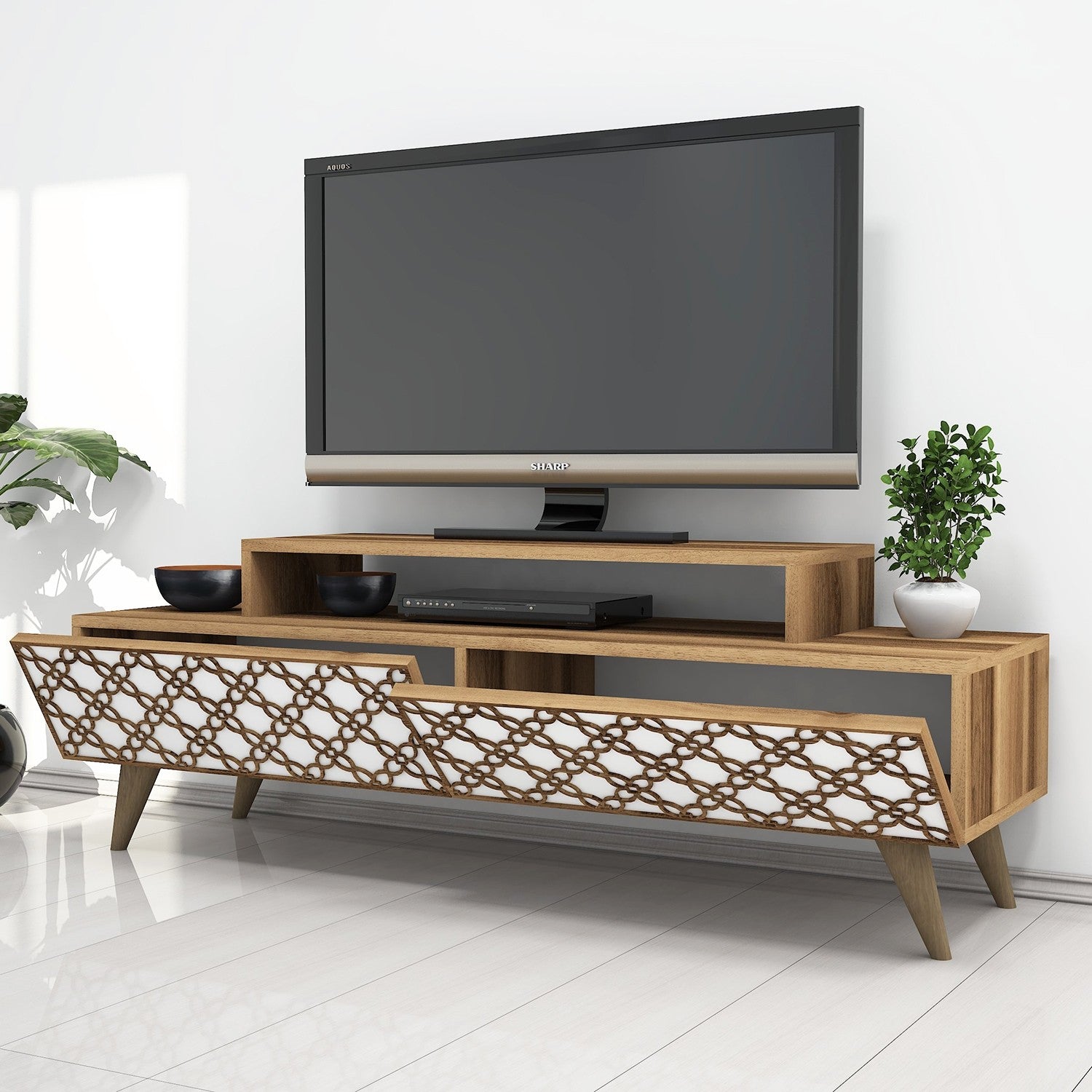 Suporte de TV moderno com prateleiras, nogueira e branco, 140 cm | Painel de partículas 100% revestido de melamina, 18 mm de espessura | Montável na parede, design elegante e funcional
