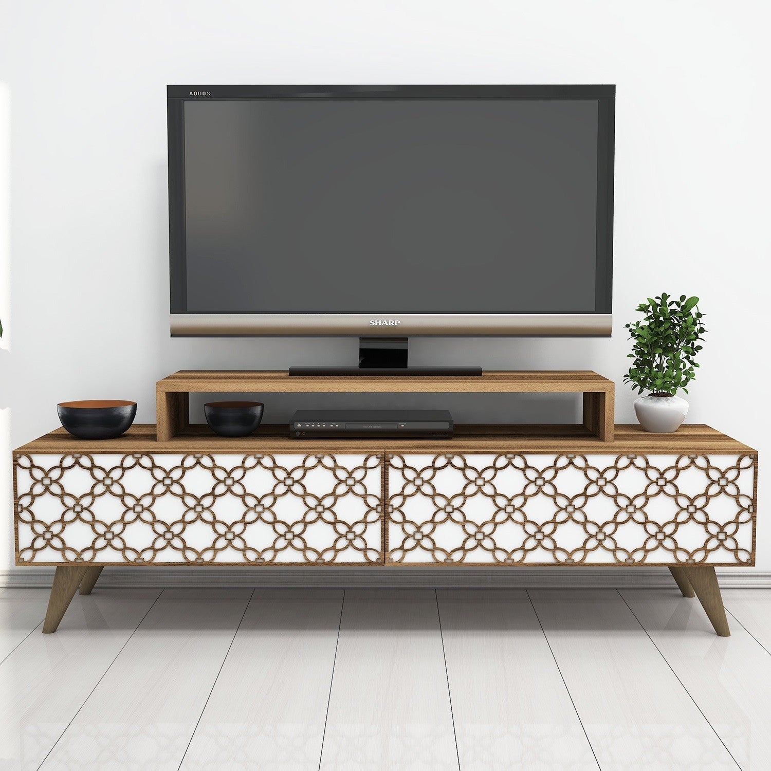Suporte de TV moderno com prateleiras, nogueira e branco, 140 cm | Painel de partículas 100% revestido de melamina, 18 mm de espessura | Montável na parede, design elegante e funcional