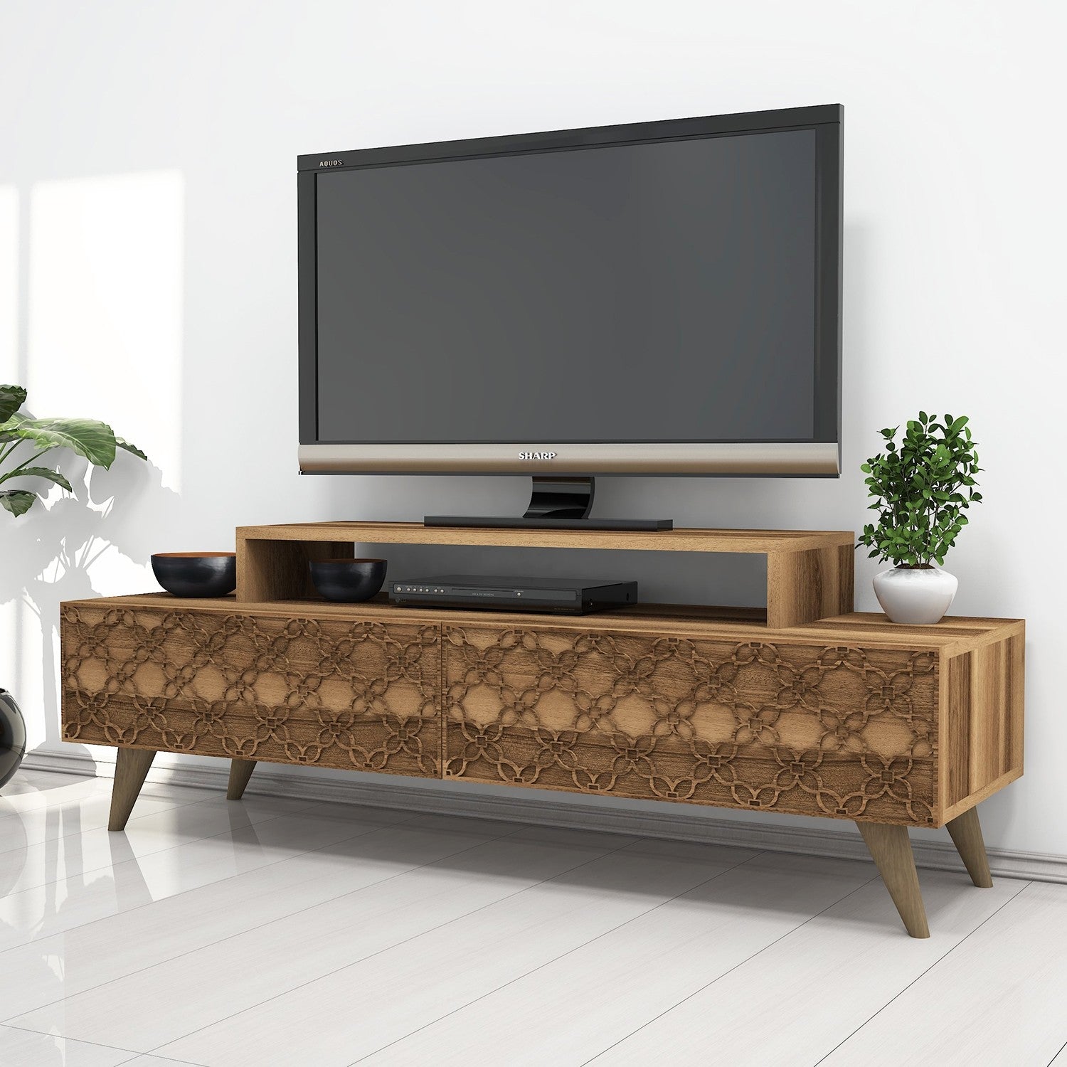 Suporte de TV moderno em nogueira, 140 cm | Painel de partículas 100% revestido em melamina, 18 mm de espessura, montável na parede, várias prateleiras, design elegante para sala de estar
