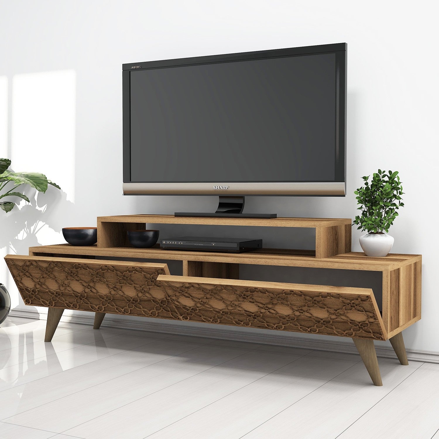 Suporte de TV moderno em nogueira, 140 cm | Painel de partículas 100% revestido em melamina, 18 mm de espessura, montável na parede, várias prateleiras, design elegante para sala de estar
