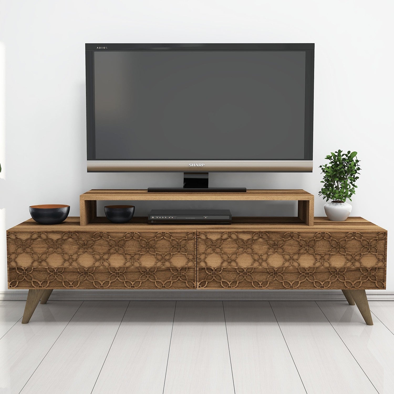 Suporte de TV moderno em nogueira, 140 cm | Painel de partículas 100% revestido em melamina, 18 mm de espessura, montável na parede, várias prateleiras, design elegante para sala de estar