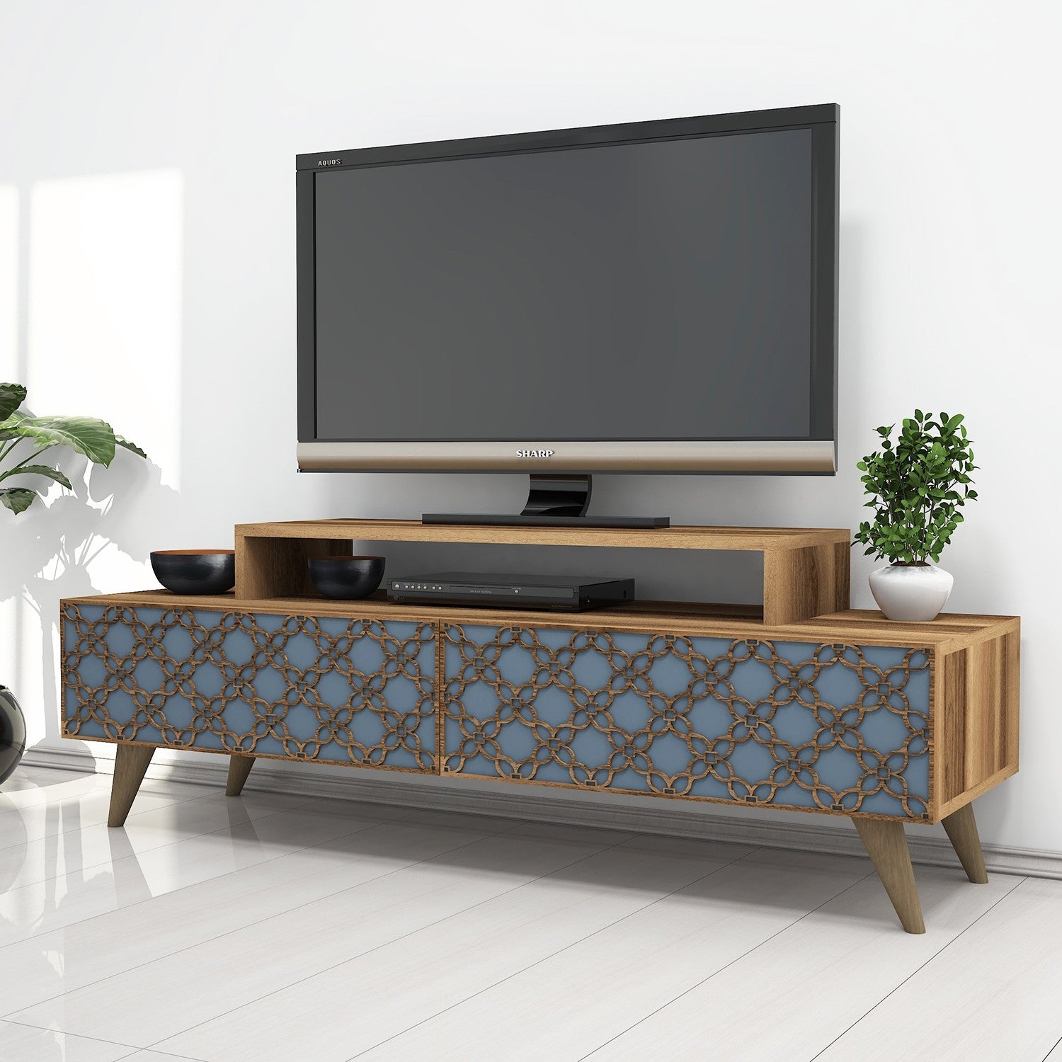 Suporte de TV moderno com prateleiras, nogueira e calcedônia, 140 cm | Painel de partículas 100% revestido de melamina, 18 mm de espessura | Montável na parede, design elegante para salas de estar