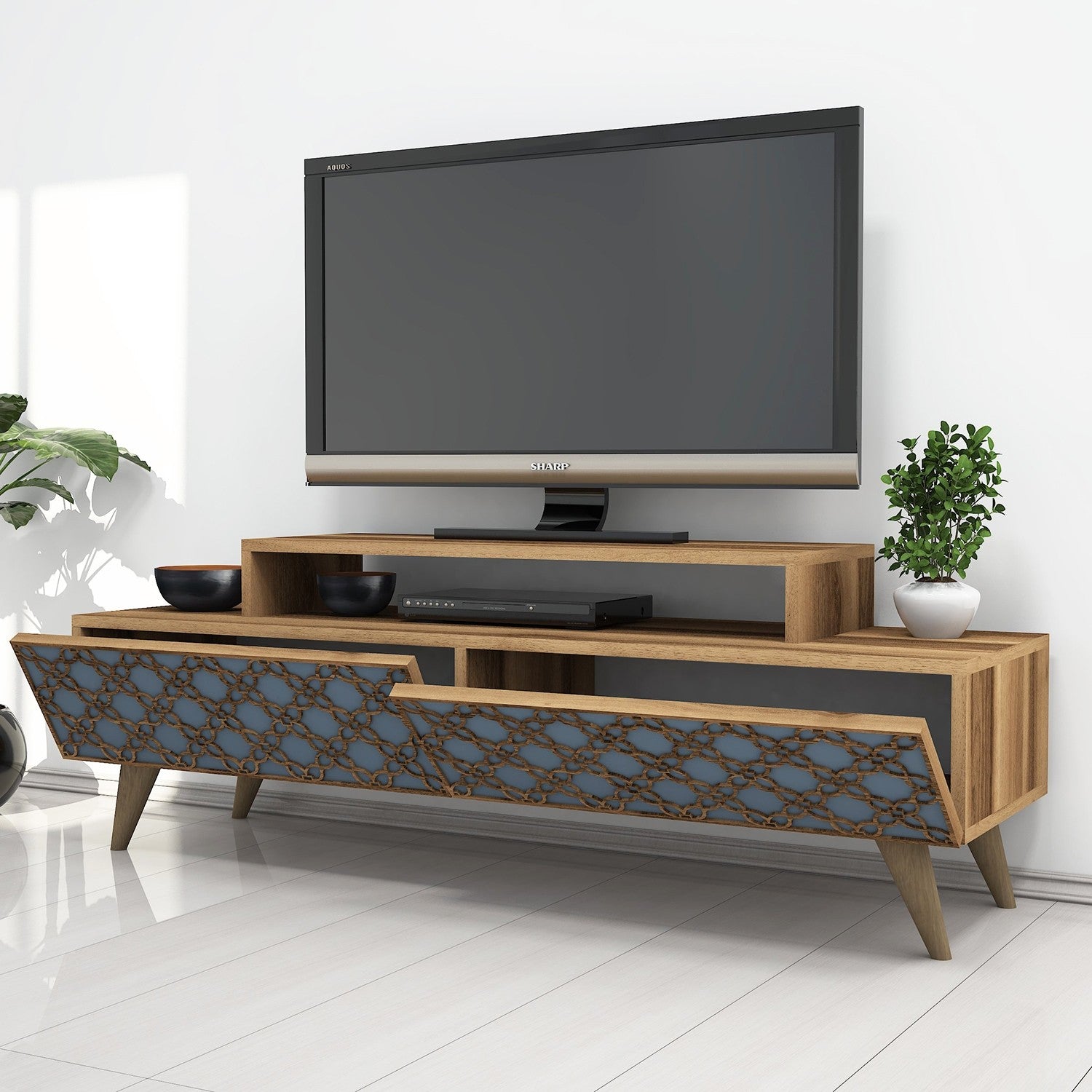 Suporte de TV moderno com prateleiras, nogueira e calcedônia, 140 cm | Painel de partículas 100% revestido de melamina, 18 mm de espessura | Montável na parede, design elegante para salas de estar