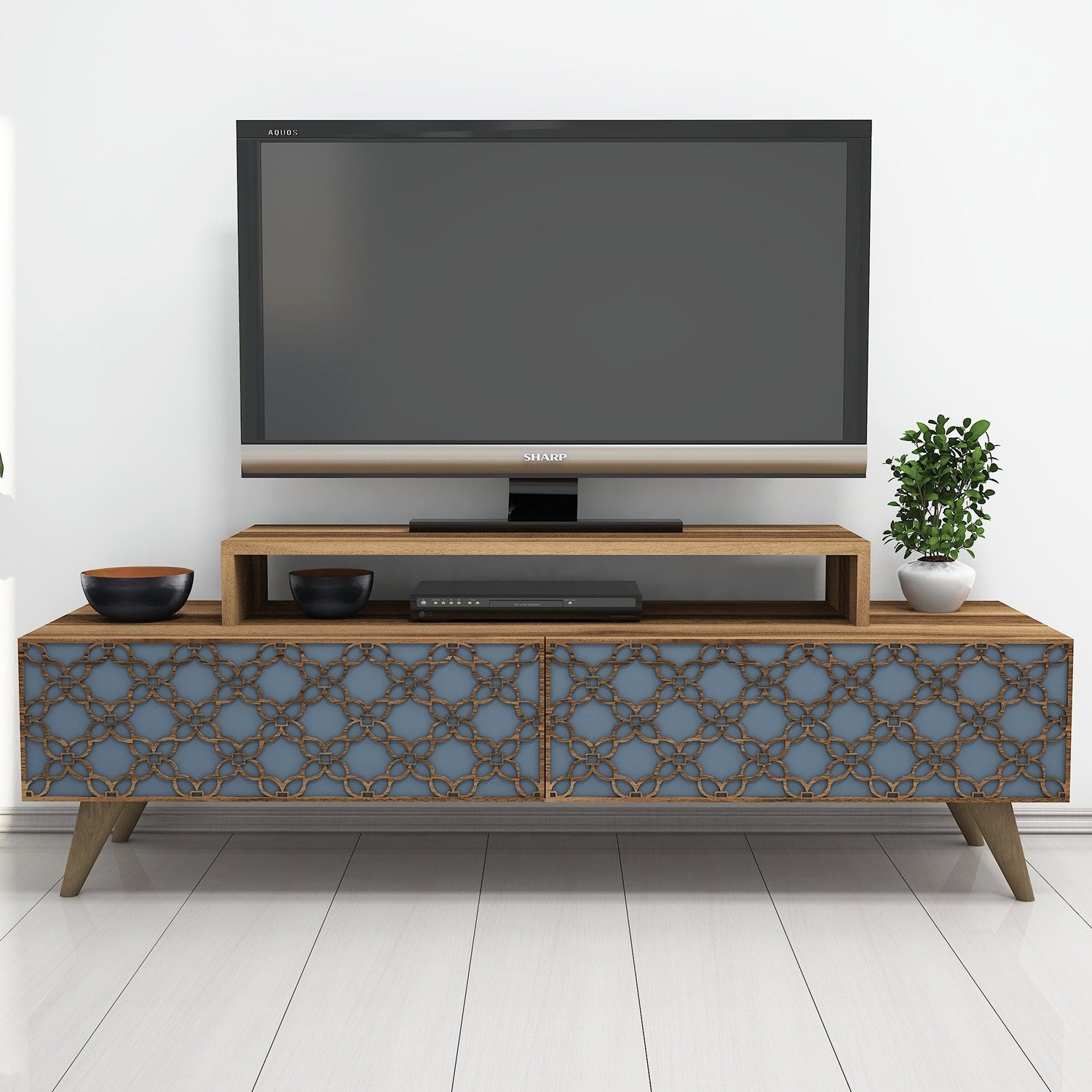 Suporte de TV moderno com prateleiras, nogueira e calcedônia, 140 cm | Painel de partículas 100% revestido de melamina, 18 mm de espessura | Montável na parede, design elegante para salas de estar