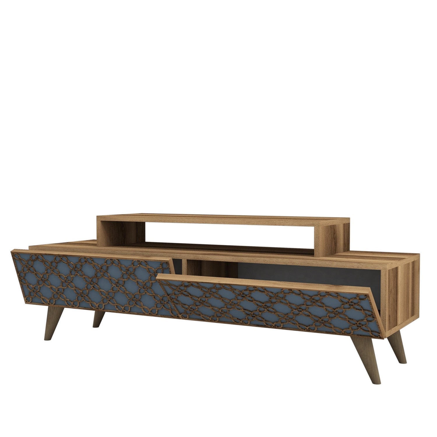 Suporte de TV moderno com prateleiras, nogueira e calcedônia, 140 cm | Painel de partículas 100% revestido de melamina, 18 mm de espessura | Montável na parede, design elegante para salas de estar