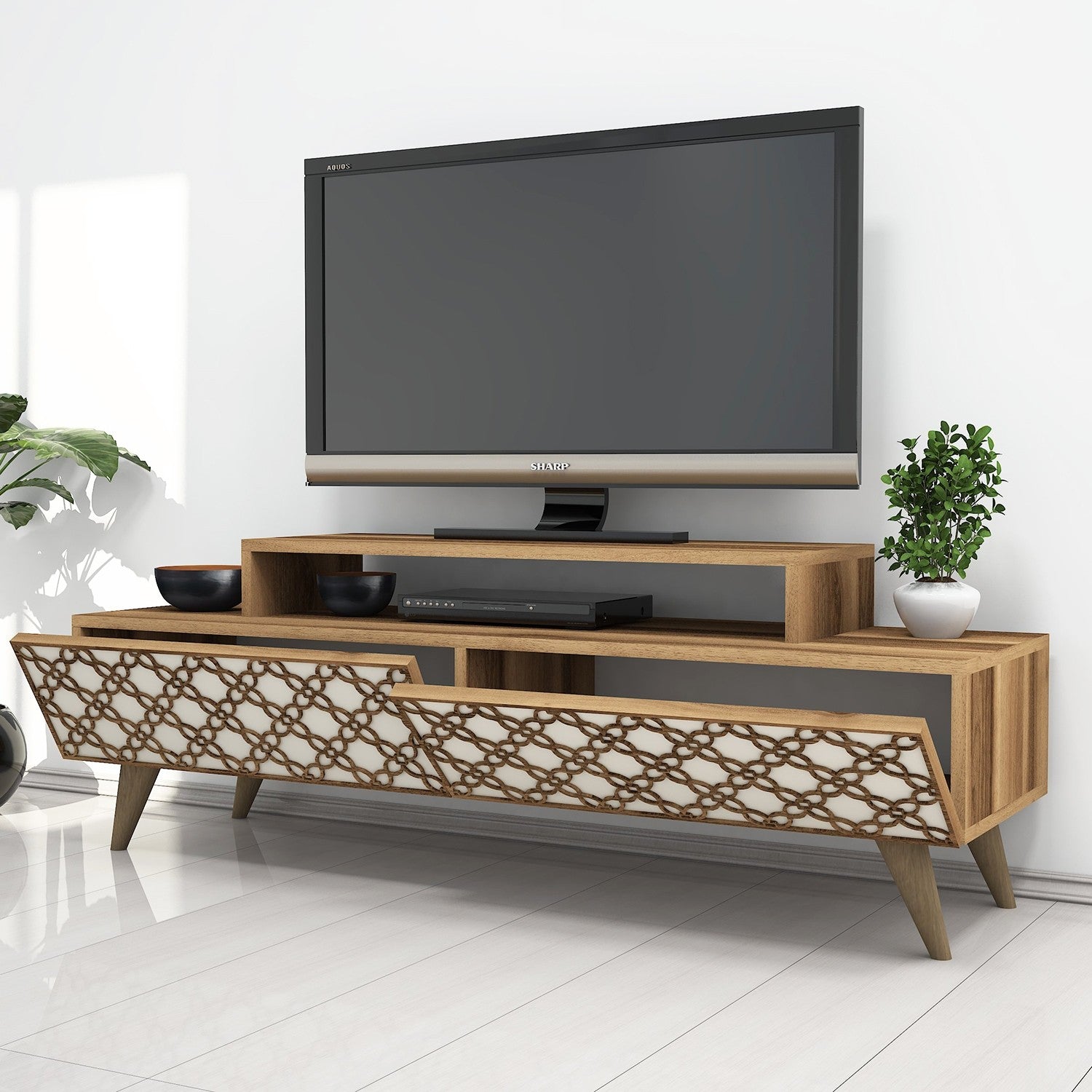 Suporte de TV moderno com prateleiras, nogueira e creme, 140 cm | Painel de partículas 100% revestido de melamina, 18 mm de espessura | Montável na parede, design elegante e funcional