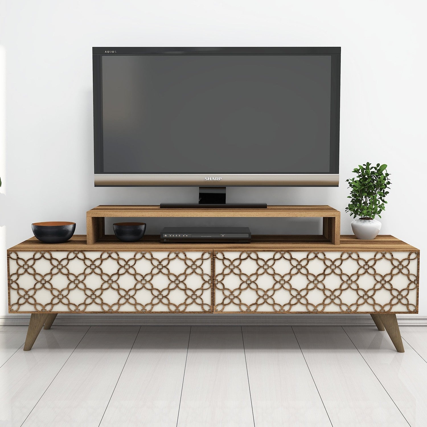 Suporte de TV moderno com prateleiras, nogueira e creme, 140 cm | Painel de partículas 100% revestido de melamina, 18 mm de espessura | Montável na parede, design elegante e funcional