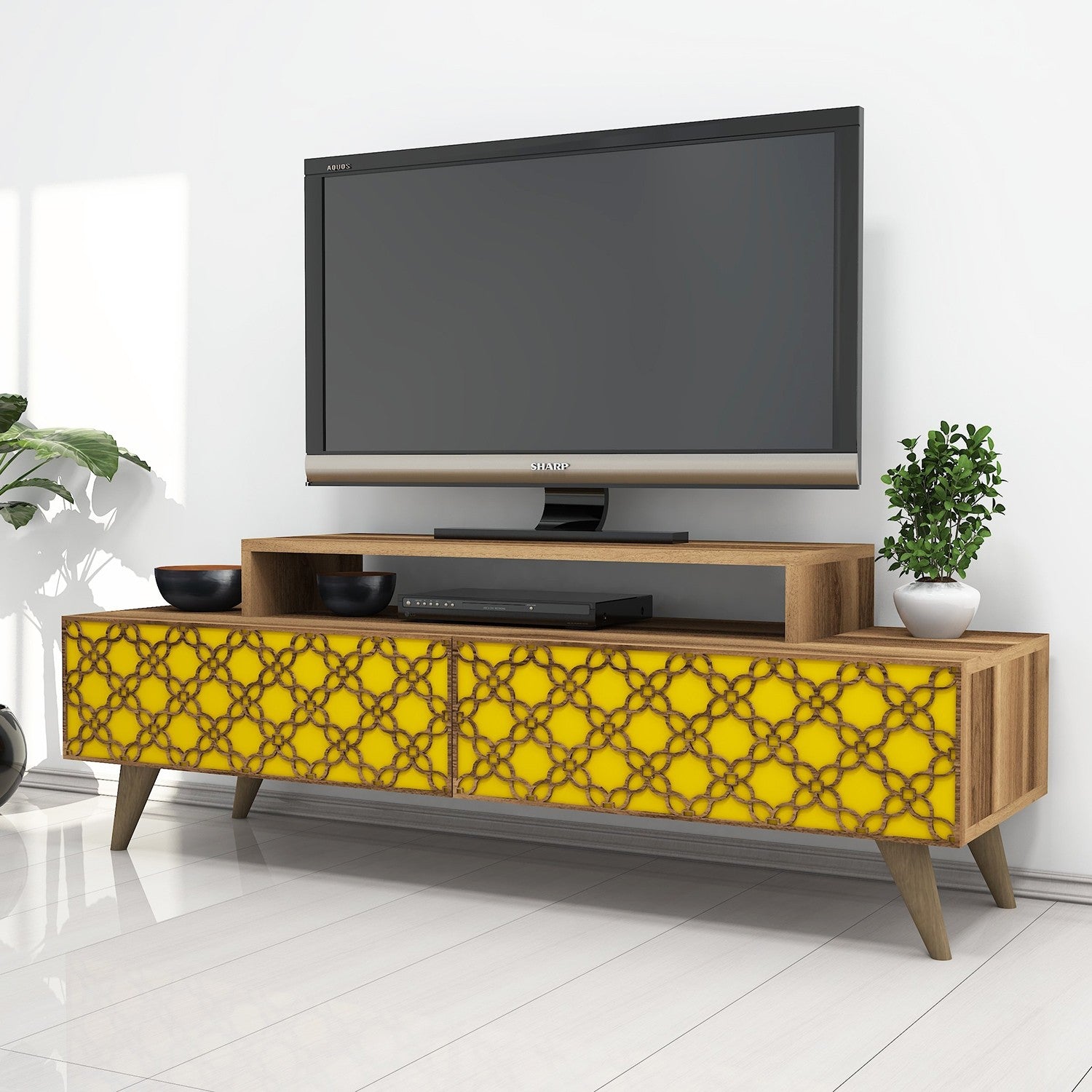 Suporte de TV estiloso com opção de montagem na parede, nogueira e amarelo, 140 cm | 100% revestido em melamina, 18 mm de espessura, relevo CNC de 4 mm, várias prateleiras | Design boêmio