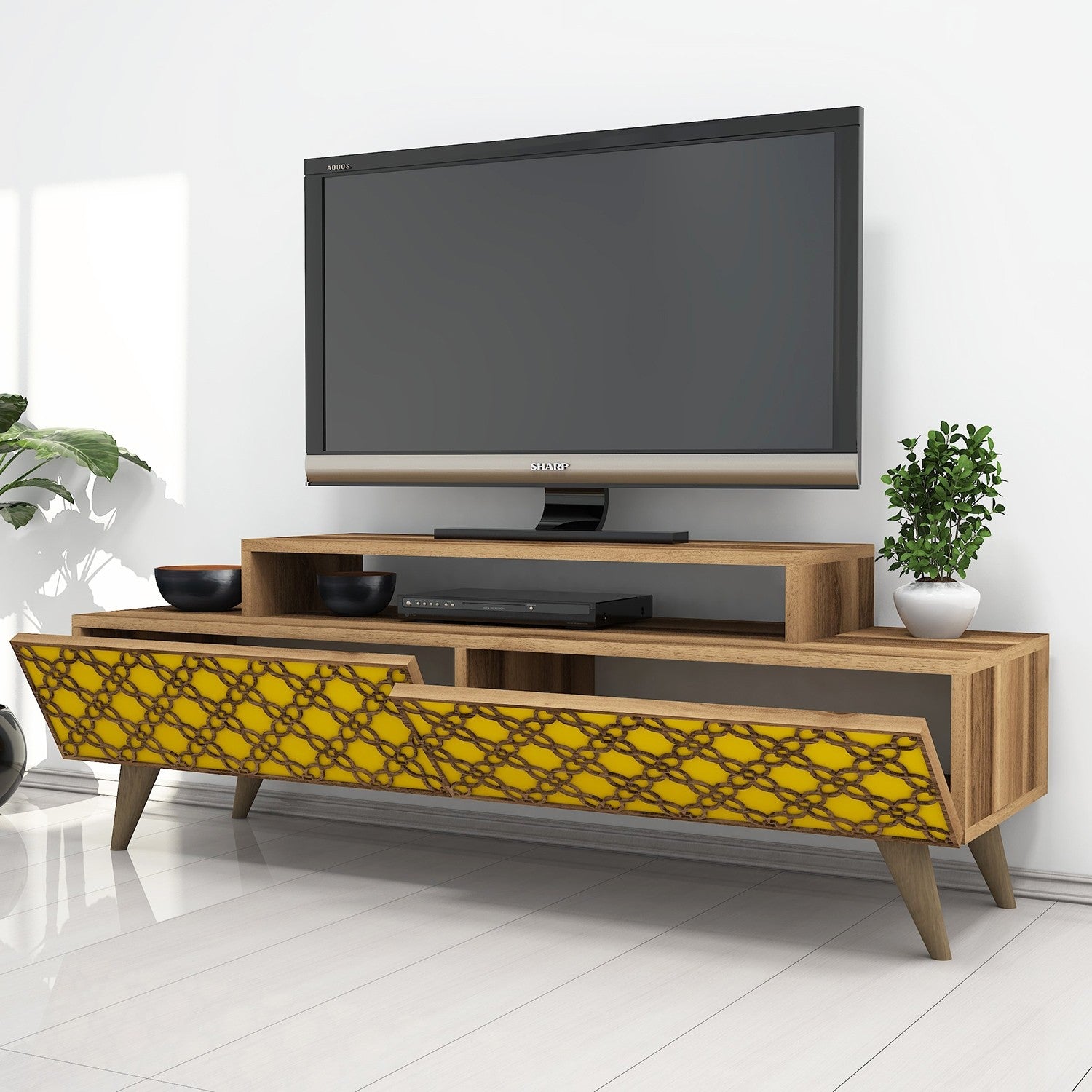 Suporte de TV estiloso com opção de montagem na parede, nogueira e amarelo, 140 cm | 100% revestido em melamina, 18 mm de espessura, relevo CNC de 4 mm, várias prateleiras | Design boêmio