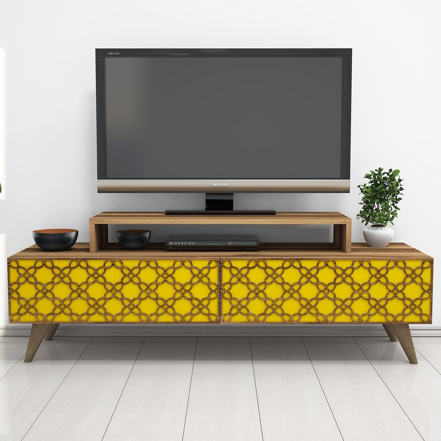 Suporte de TV estiloso com opção de montagem na parede, nogueira e amarelo, 140 cm | 100% revestido em melamina, 18 mm de espessura, relevo CNC de 4 mm, várias prateleiras | Design boêmio