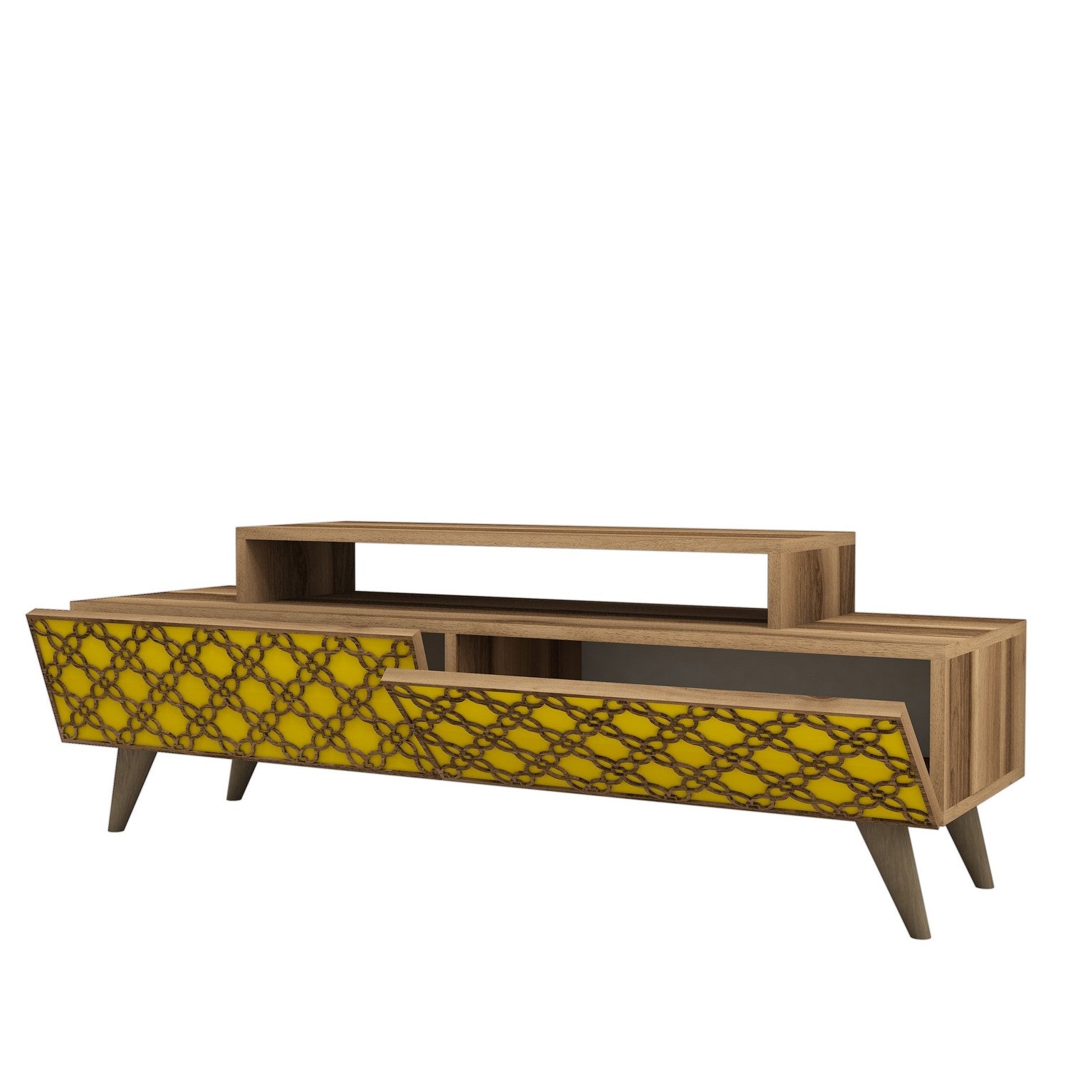 Suporte de TV estiloso com opção de montagem na parede, nogueira e amarelo, 140 cm | 100% revestido em melamina, 18 mm de espessura, relevo CNC de 4 mm, várias prateleiras | Design boêmio