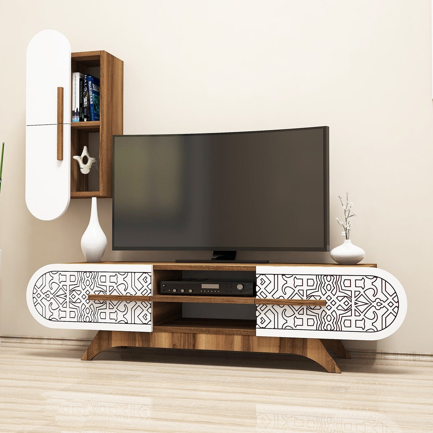 Móvel de TV moderno com prateleira de parede, nogueira e branco, 145 x 37 x 35 cm | 100% revestido em melamina, 18 mm de espessura | Armazenamento elegante com várias prateleiras