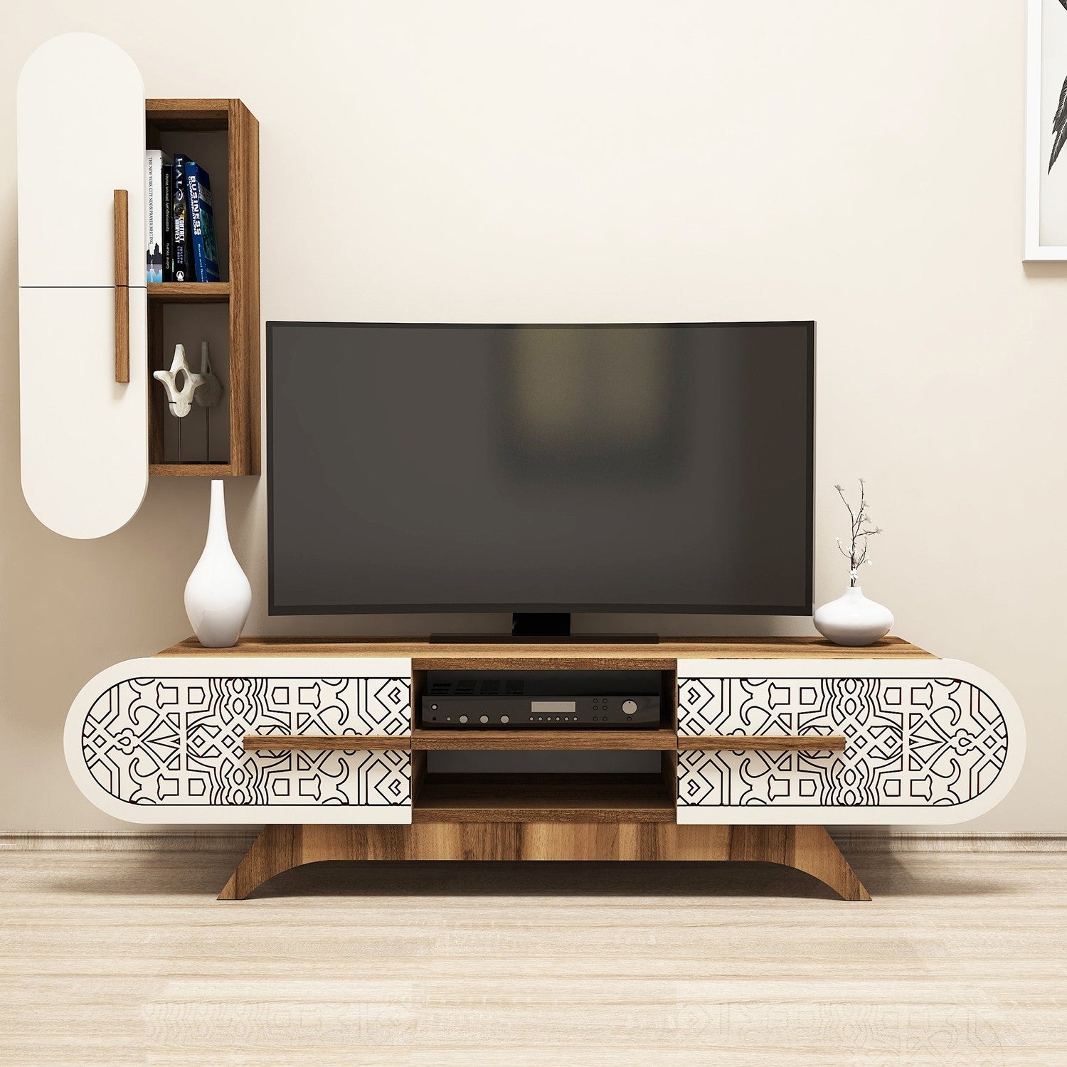 Móvel de TV moderno com prateleira de parede, nogueira e creme, 145 x 37 x 35 cm | 100% revestido em melamina, 18 mm de espessura | Armazenamento elegante com várias prateleiras