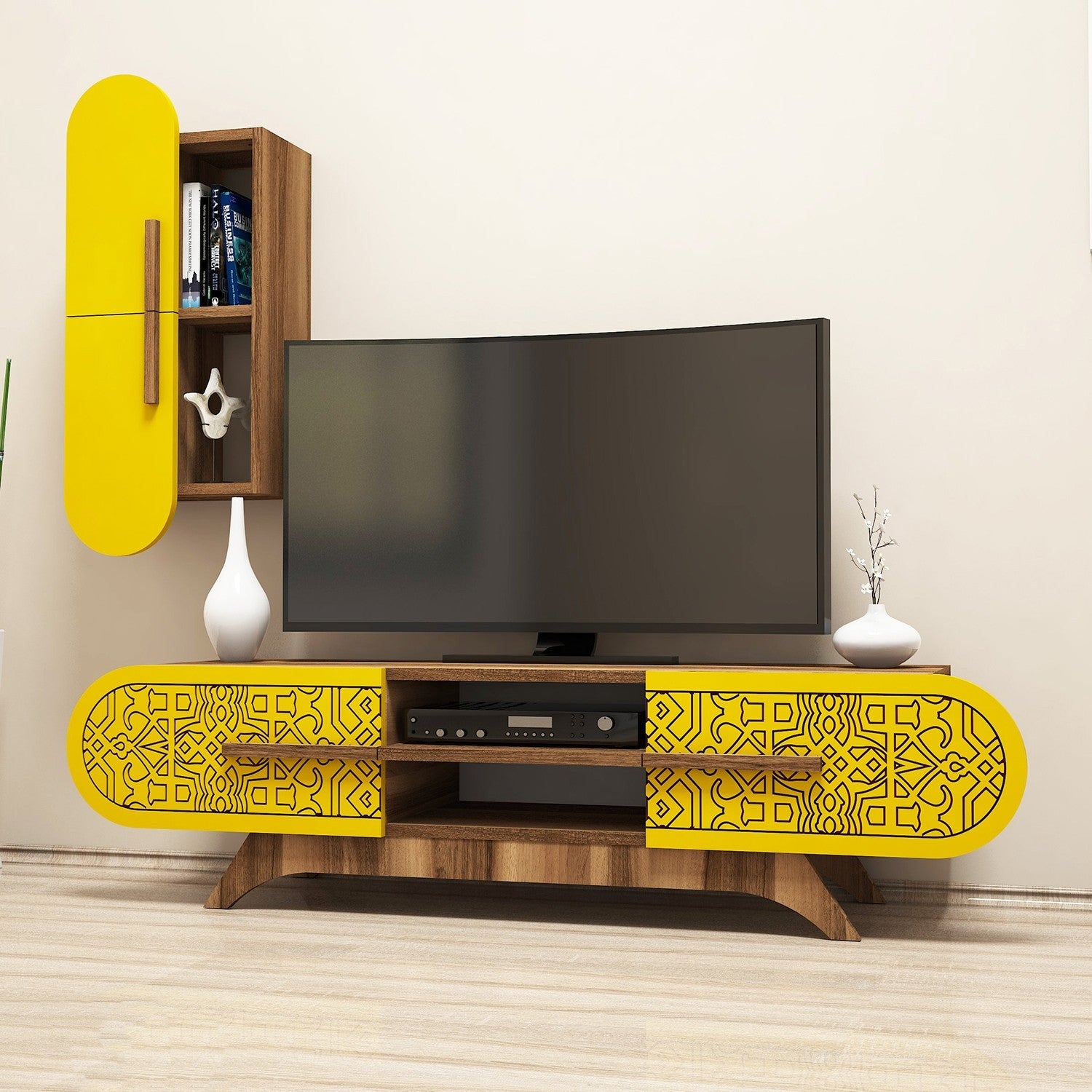 Móvel de TV boêmio elegante com prateleira de parede, nogueira e amarelo, 145 x 37 x 35 cm | 100% revestido em melamina, 18 mm de espessura | Várias prateleiras, design para montagem na parede