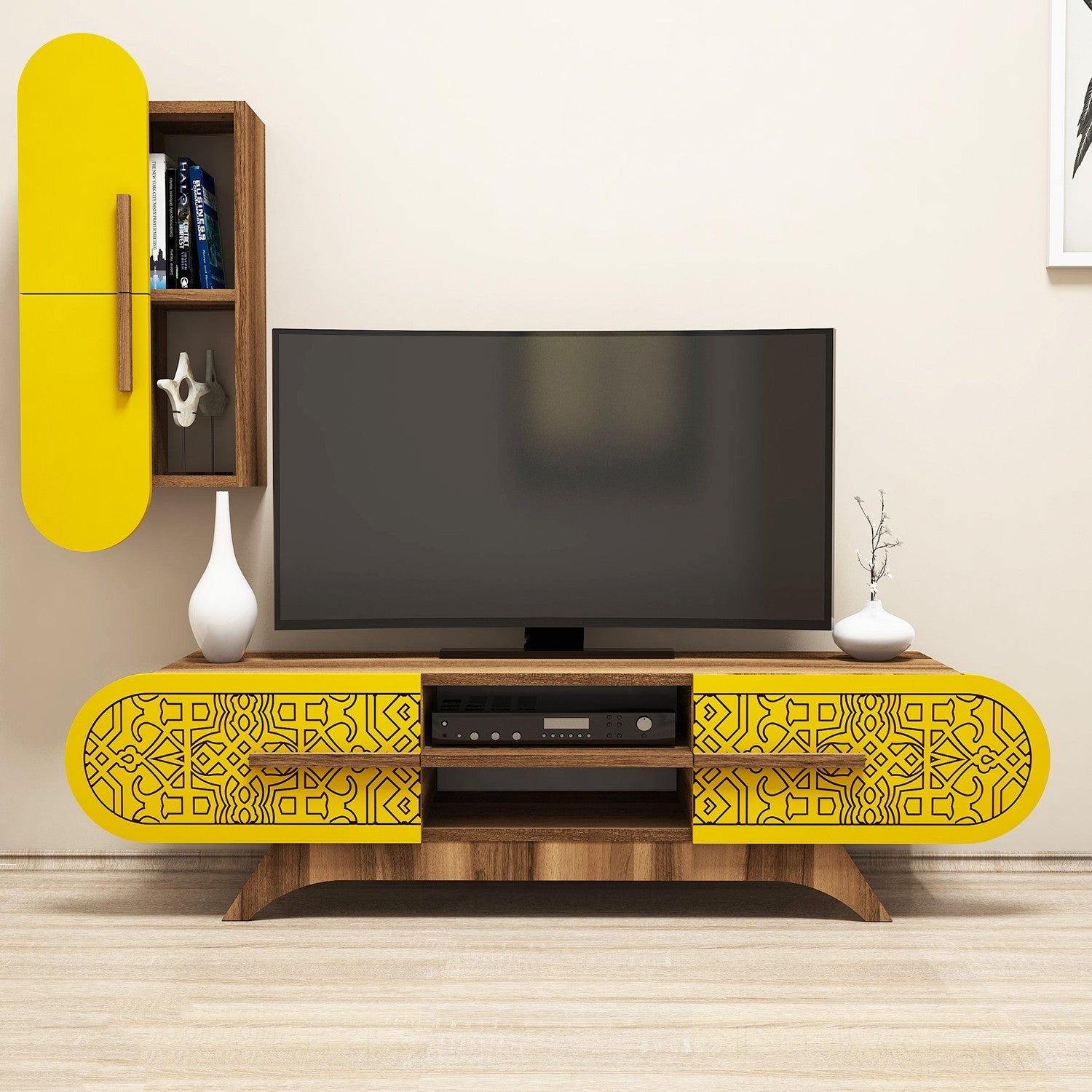 Móvel de TV boêmio elegante com prateleira de parede, nogueira e amarelo, 145 x 37 x 35 cm | 100% revestido em melamina, 18 mm de espessura | Várias prateleiras, design para montagem na parede