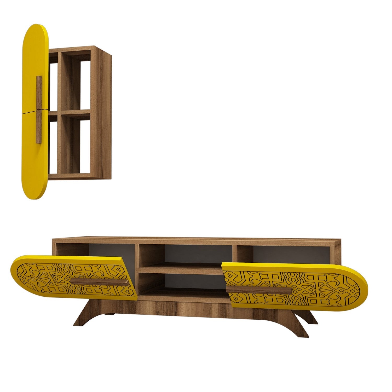 Móvel de TV boêmio elegante com prateleira de parede, nogueira e amarelo, 145 x 37 x 35 cm | 100% revestido em melamina, 18 mm de espessura | Várias prateleiras, design para montagem na parede
