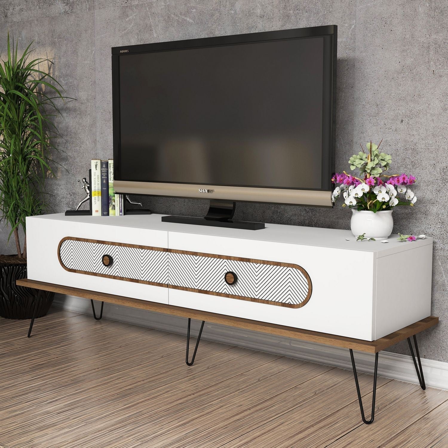 Suporte de TV moderno com pernas de metal, branco, 145 x 45 x 40 cm | Painel de partículas 100% revestido de melamina, 18 mm de espessura, montável na parede, design Chevron elegante