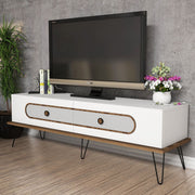 Suporte de TV moderno com pernas de metal, branco, 145 x 45 x 40 cm | Painel de partículas 100% revestido de melamina, 18 mm de espessura, montável na parede, design Chevron elegante