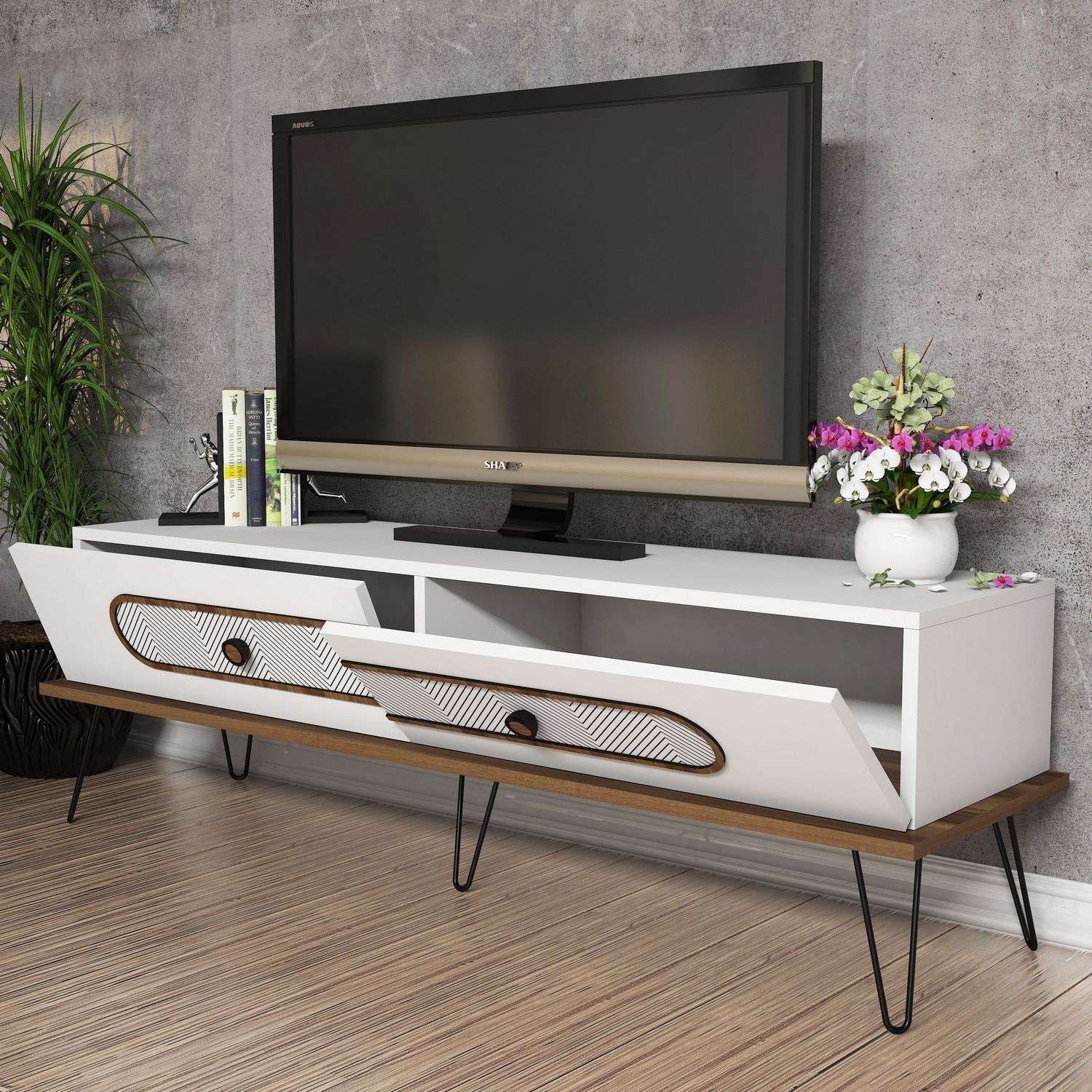 Suporte de TV moderno com pernas de metal, branco, 145 x 45 x 40 cm | Painel de partículas 100% revestido de melamina, 18 mm de espessura, montável na parede, design Chevron elegante