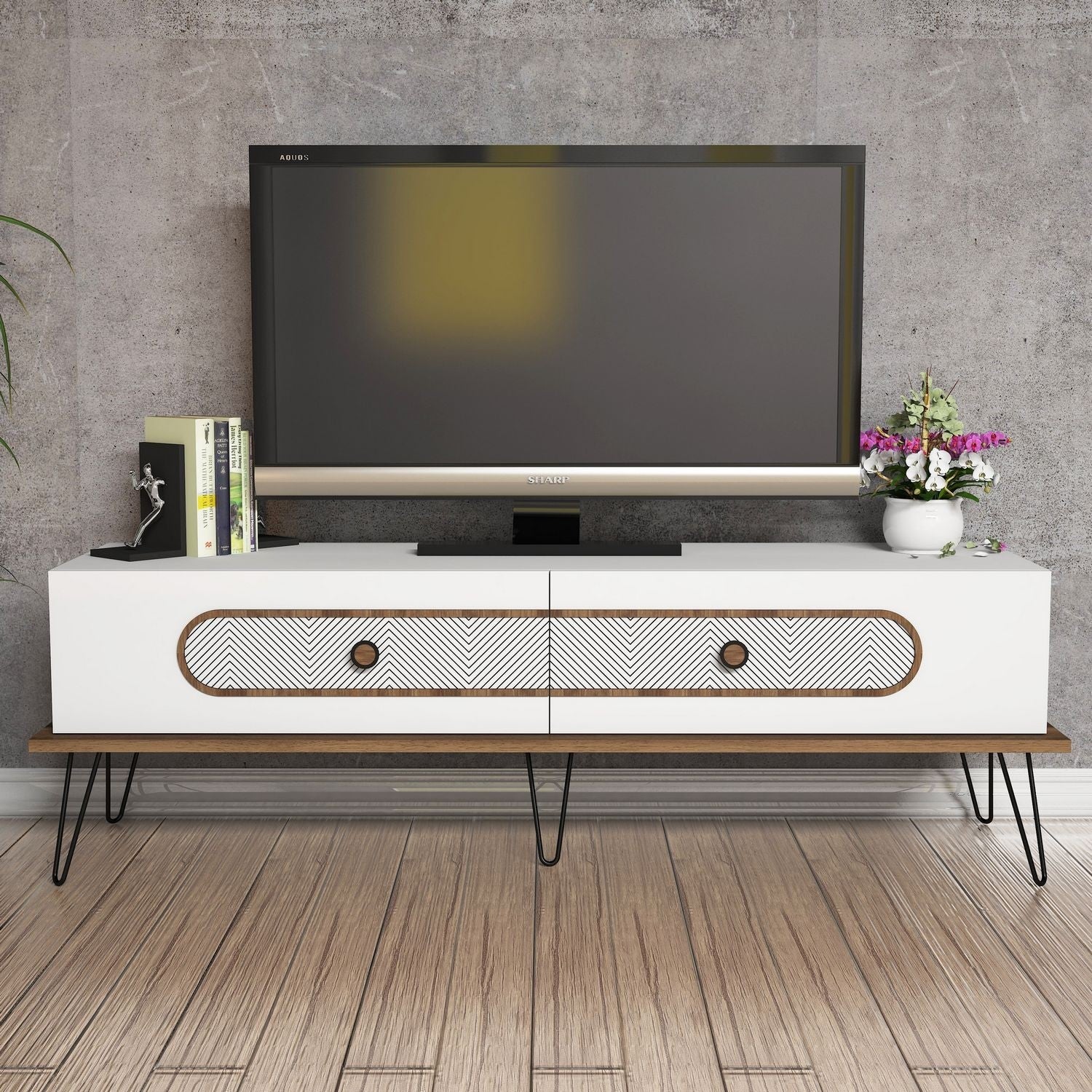 Suporte de TV moderno com pernas de metal, branco, 145 x 45 x 40 cm | Painel de partículas 100% revestido de melamina, 18 mm de espessura, montável na parede, design Chevron elegante