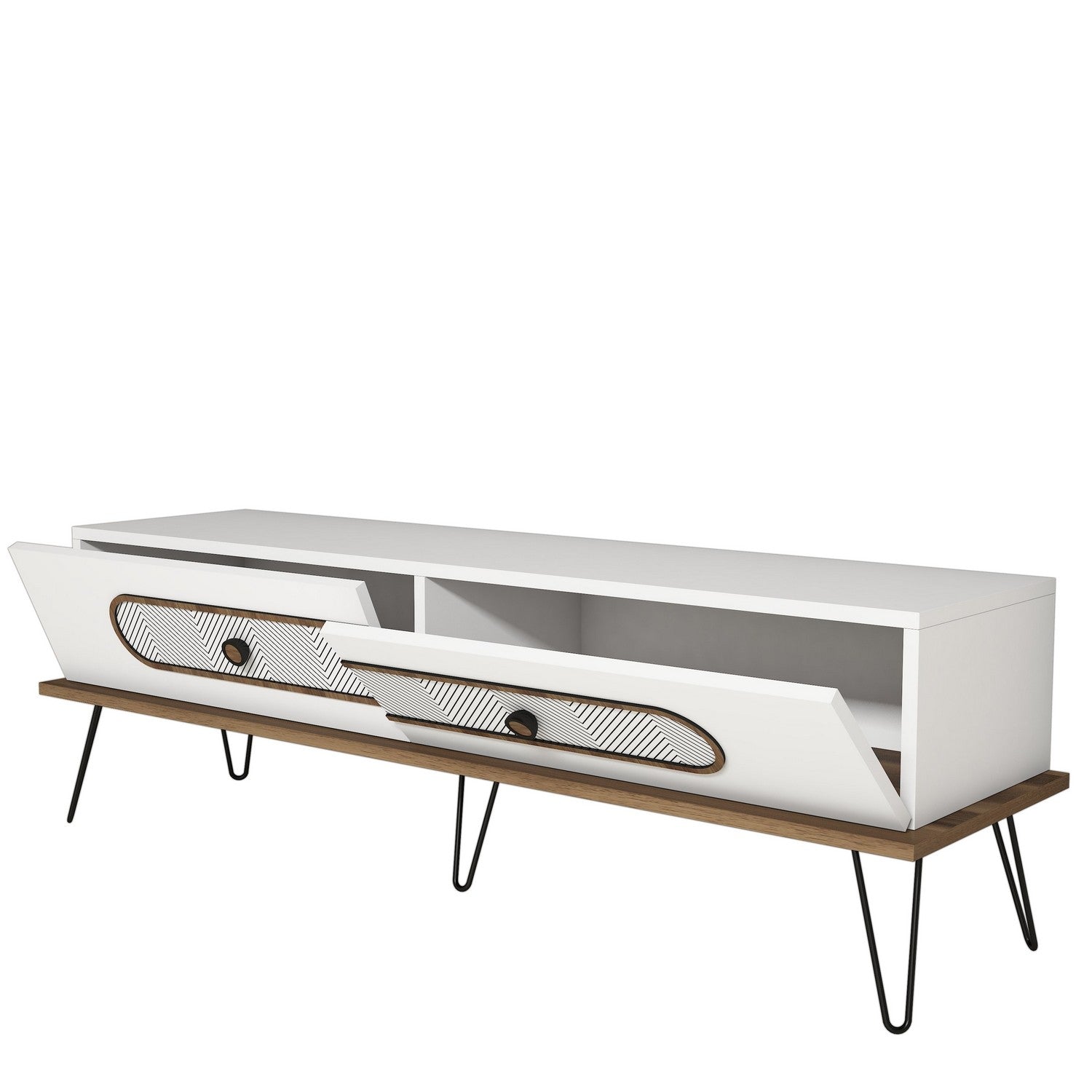 Suporte de TV moderno com pernas de metal, branco, 145 x 45 x 40 cm | Painel de partículas 100% revestido de melamina, 18 mm de espessura, montável na parede, design Chevron elegante