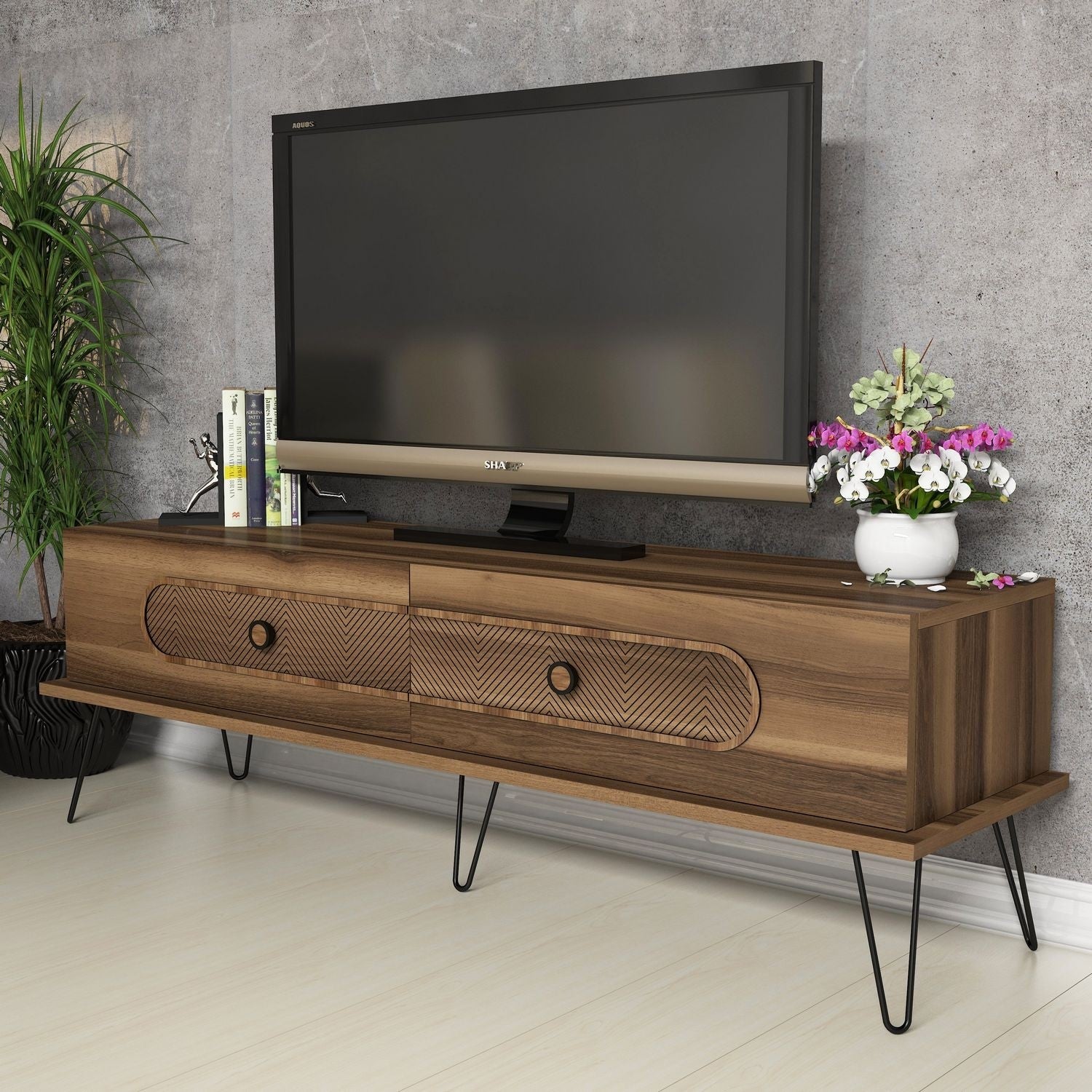 Suporte de TV moderno com pés de metal, acabamento em nogueira, 145 x 45 x 40 cm | 100% revestido em melamina, 18 mm de espessura, montável na parede, design Chevron elegante